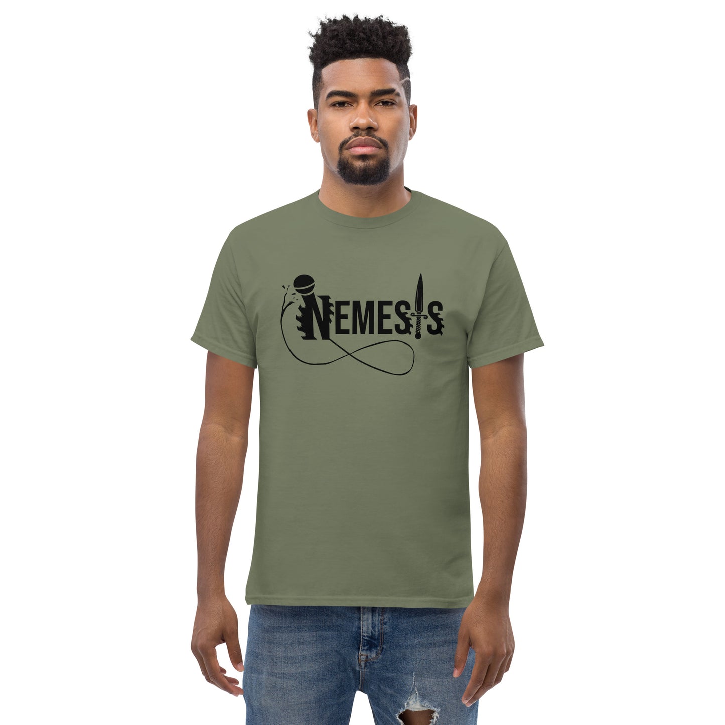 Men's classic NEMESIS tee, BLACK logo with back label, various tee colors available