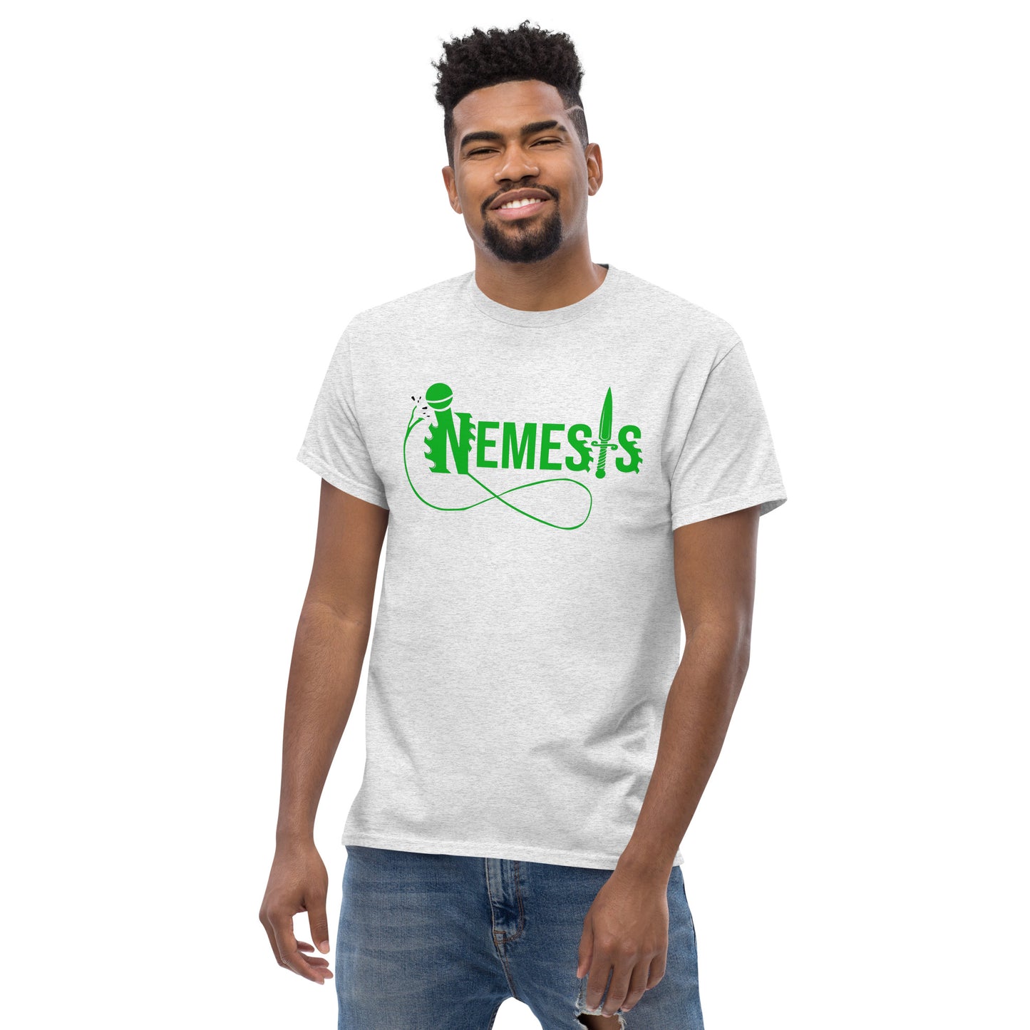 Men's classic NEMESIS tee, GREEN logo with back label, various tee colors available