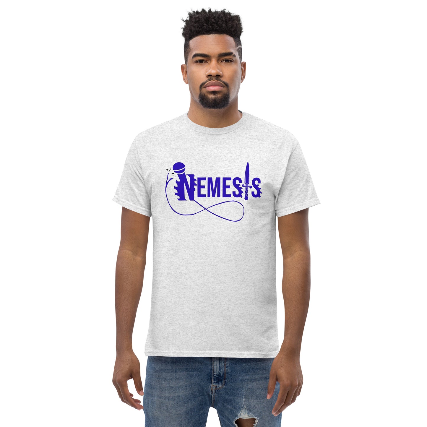 Men's classic NEMESIS tee, BLUE logo with back label, various tee colors available