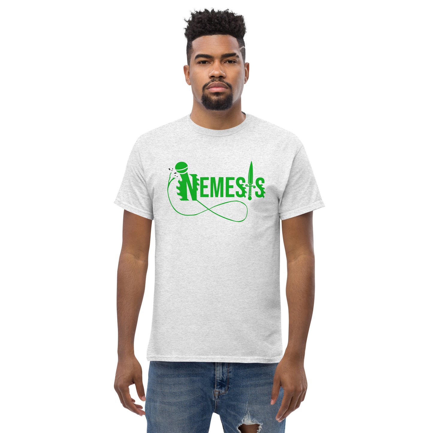 Men's classic NEMESIS tee, GREEN logo with back label, various tee colors available