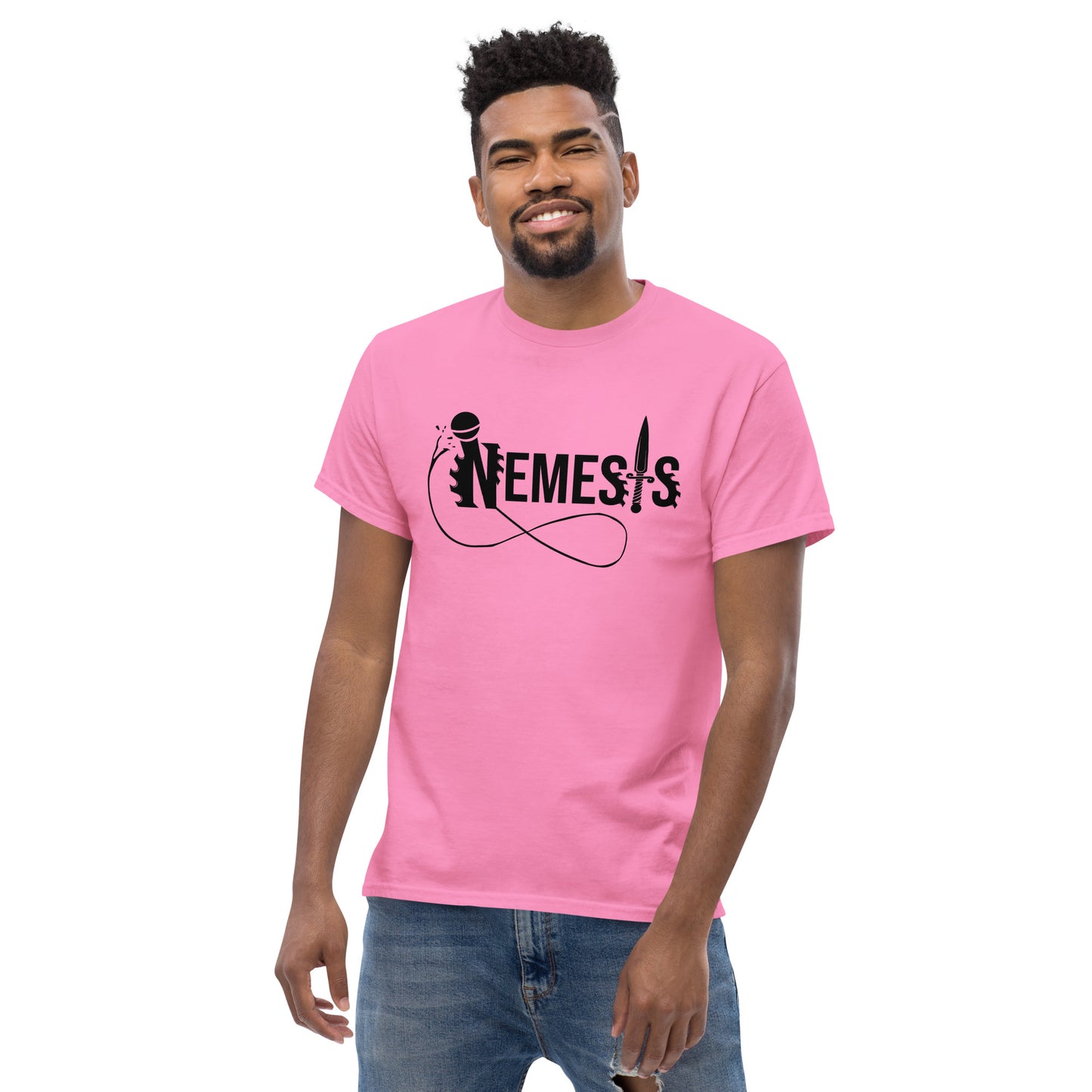 Men's classic NEMESIS tee; Black logo with back label; various tee colors available