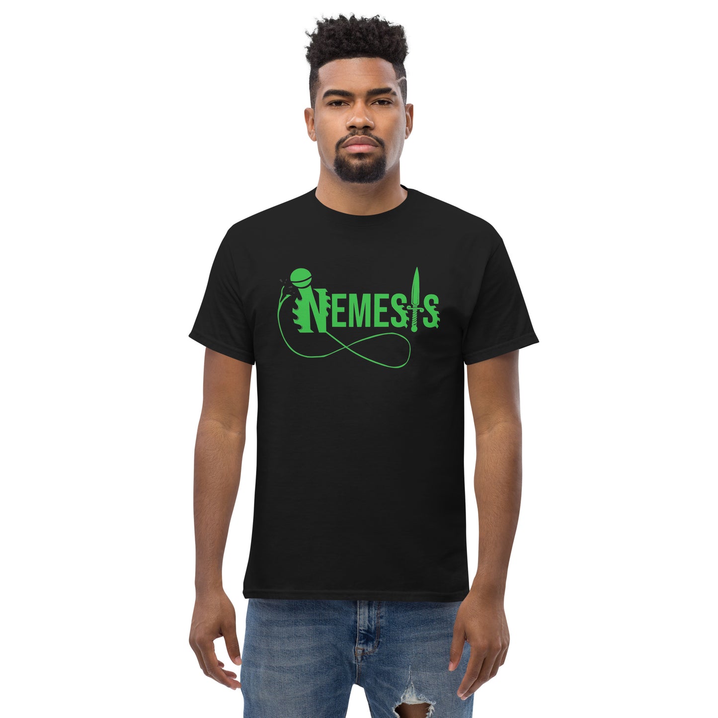 Men's classic NEMESIS tee, GREEN logo with back label, various tee colors available