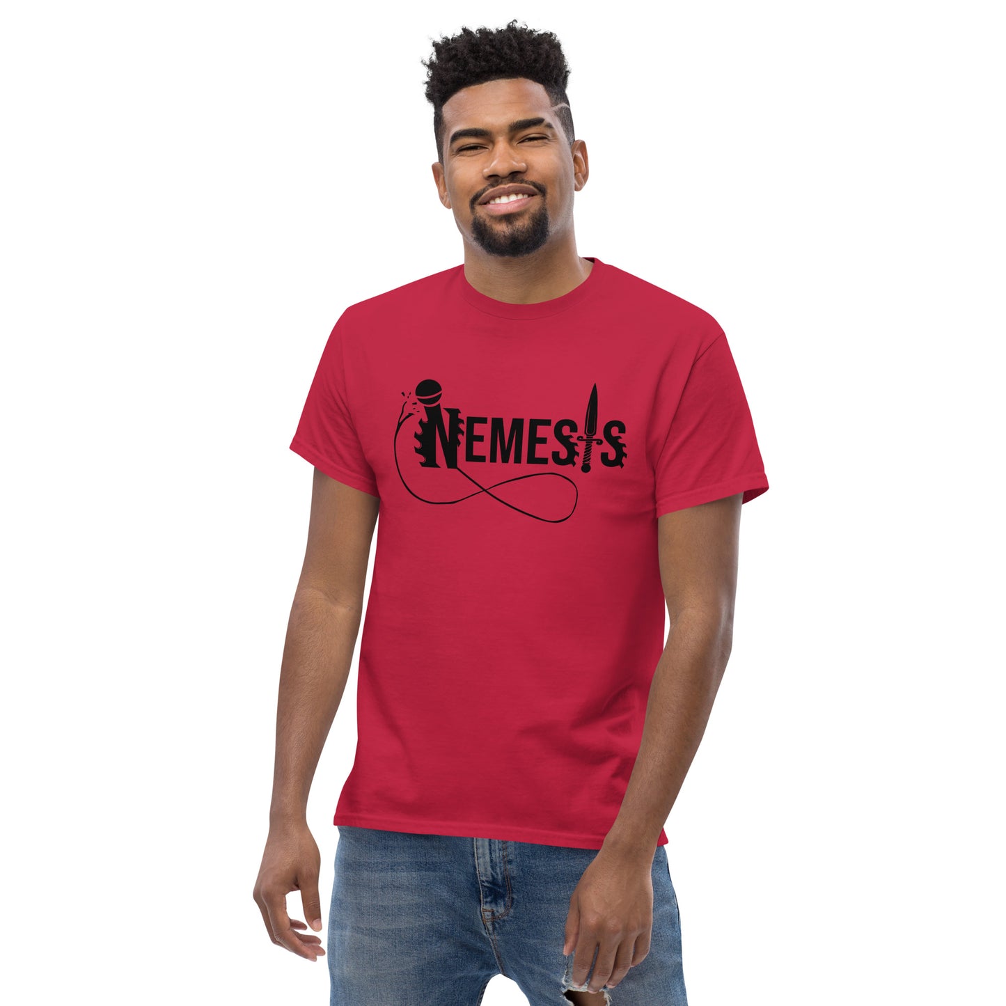 Men's classic NEMESIS tee; Black logo with back label; various tee colors available