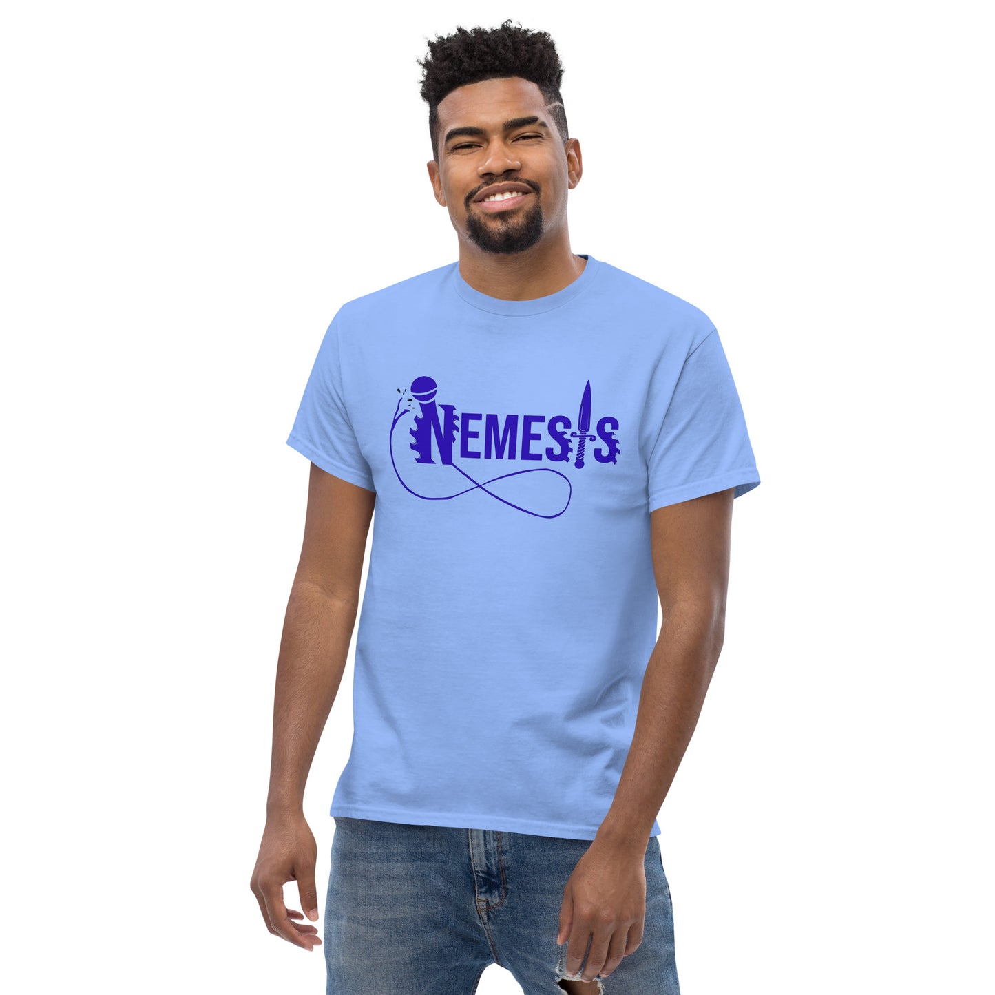 Men's classic NEMESIS tee, BLUE logo with back label, various tee colors available