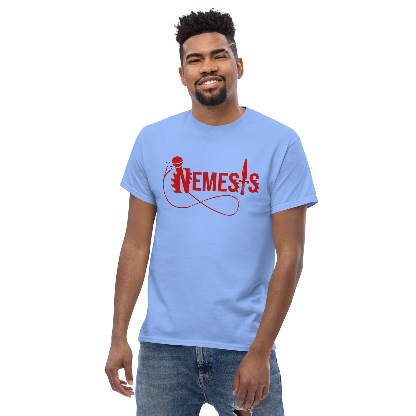 Men's classic NEMESIS tee, RED logo with back label, various tee colors available