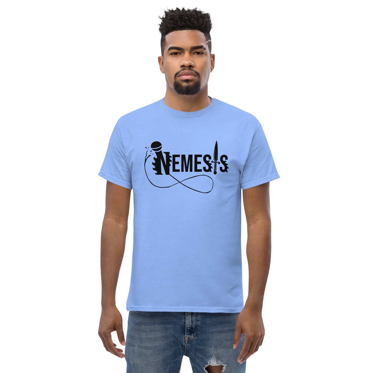 Men's classic NEMESIS tee; Black logo with back label; various tee colors available