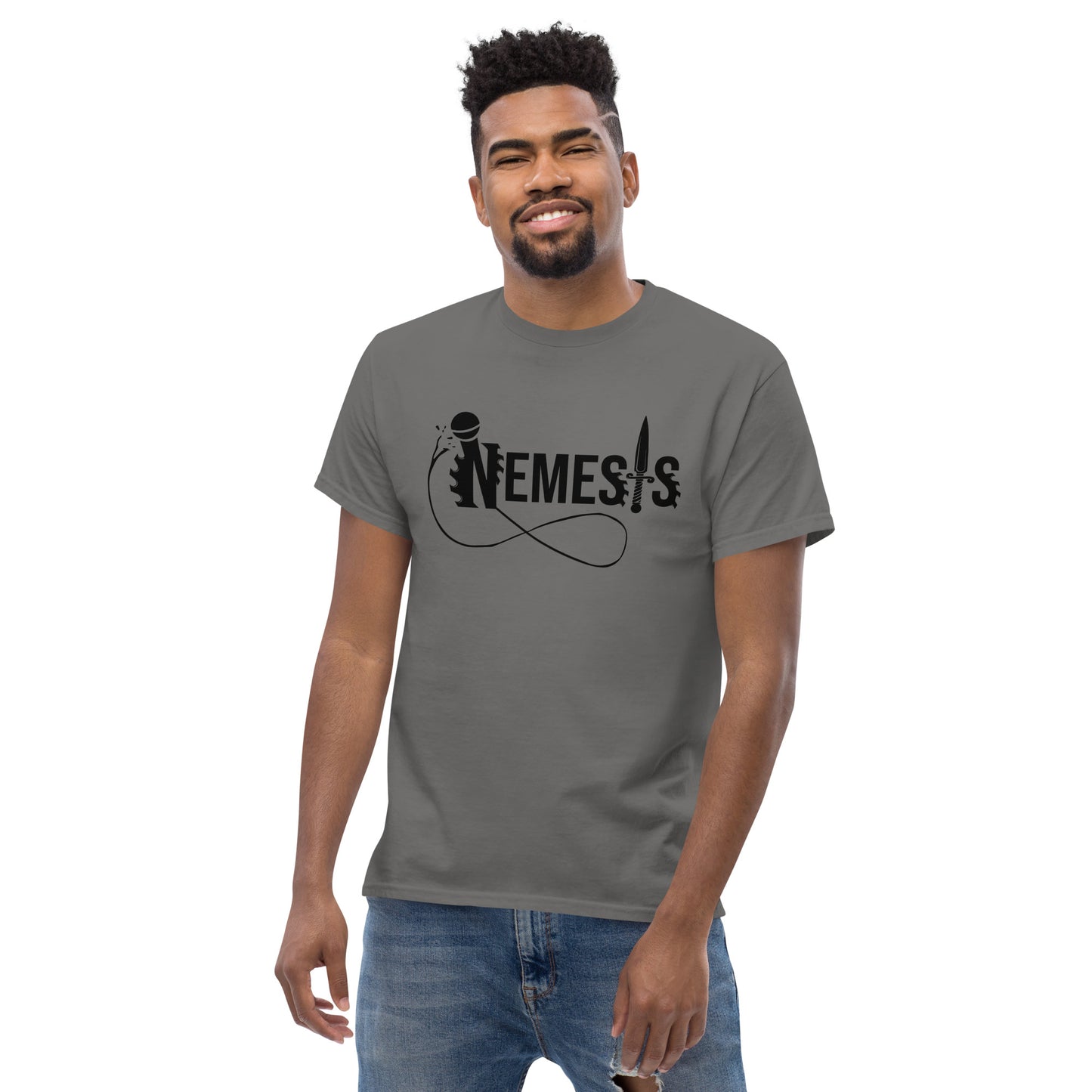 Men's classic NEMESIS tee, BLACK logo with back label, various tee colors available