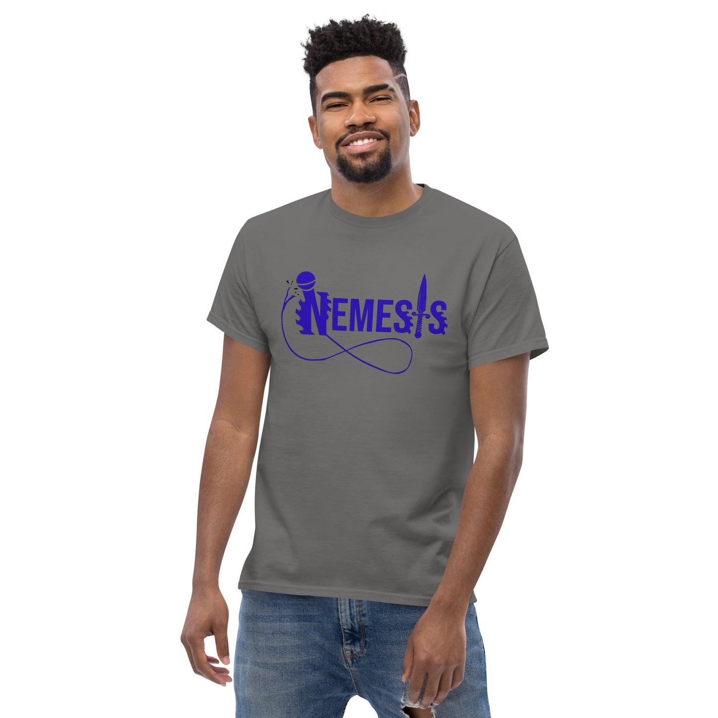 Men's classic NEMESIS tee, BLUE logo with back label, various tee colors available