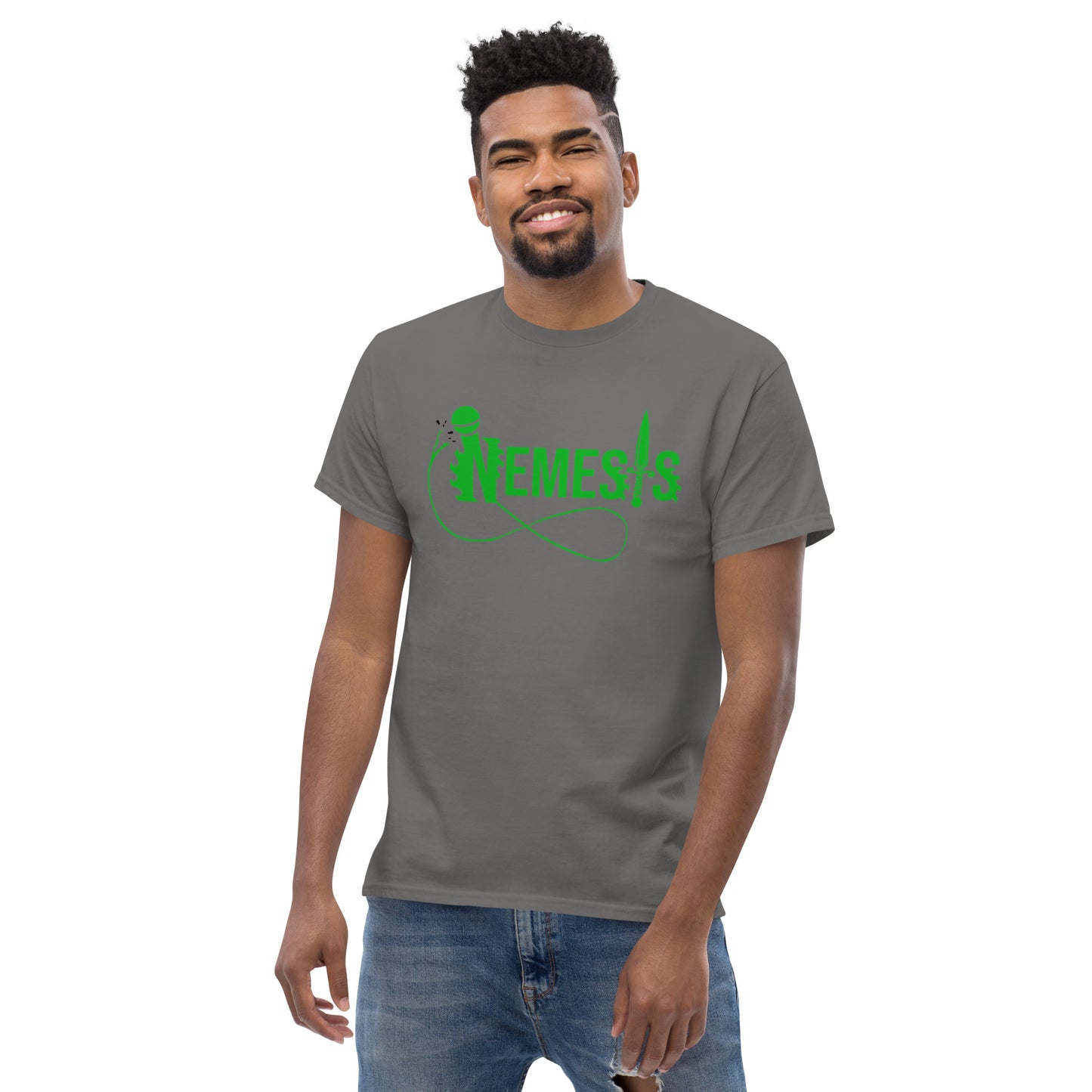 Men's classic NEMESIS tee, GREEN logo with back label, various tee colors available