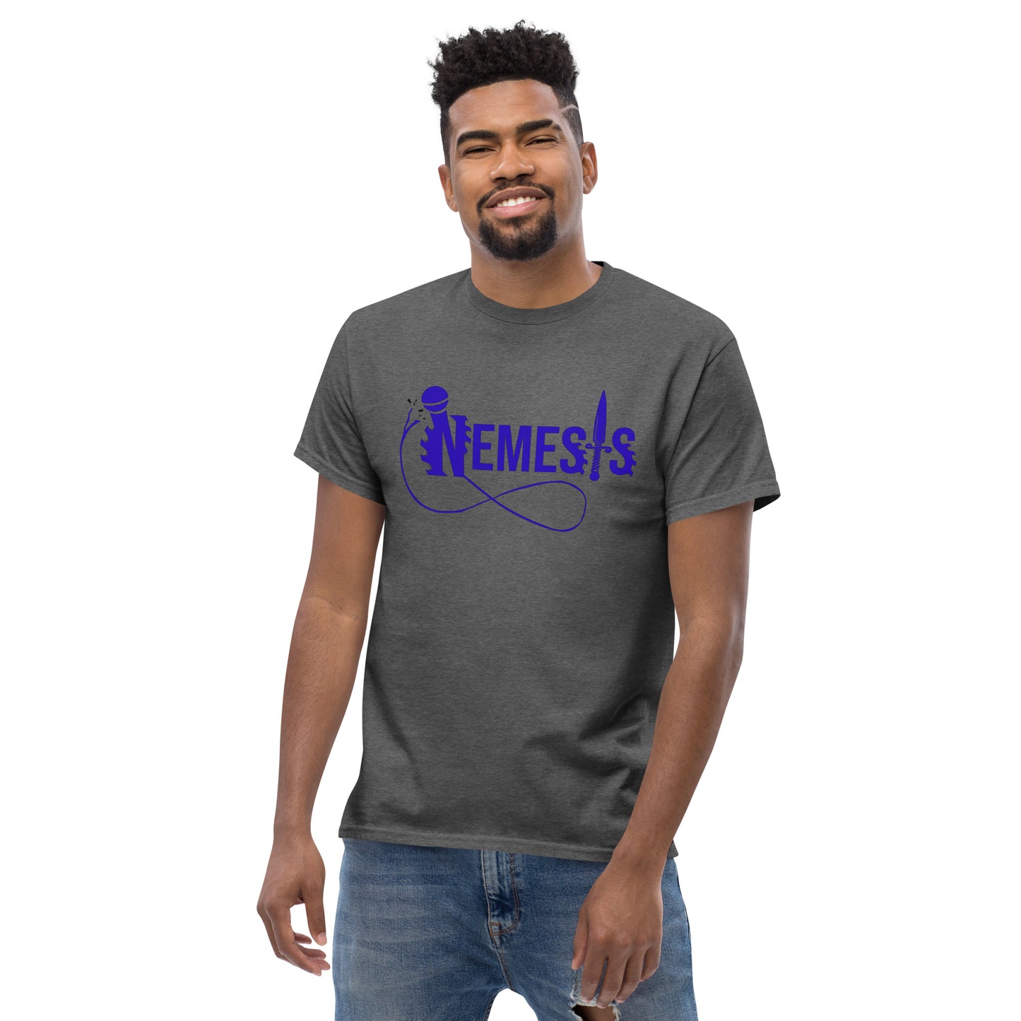 Men's classic NEMESIS tee, BLUE logo with back label, various tee colors available