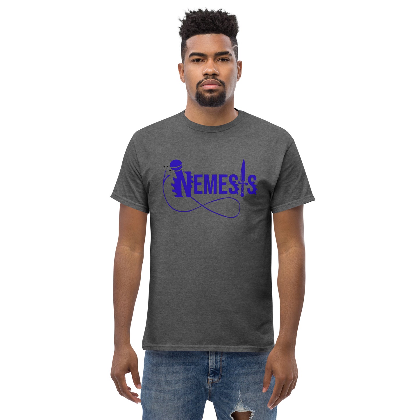 Men's classic NEMESIS tee, BLUE logo with back label, various tee colors available