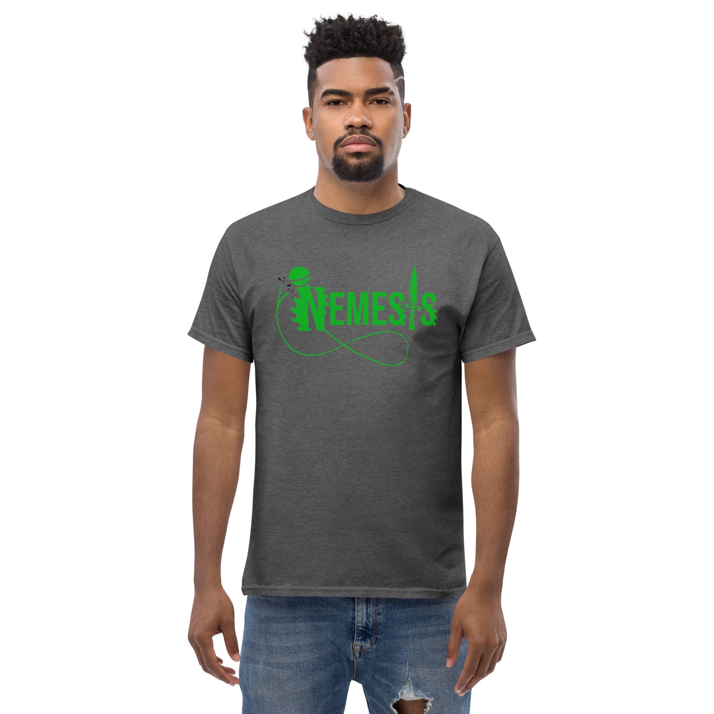 Men's classic NEMESIS tee, GREEN logo with back label, various tee colors available