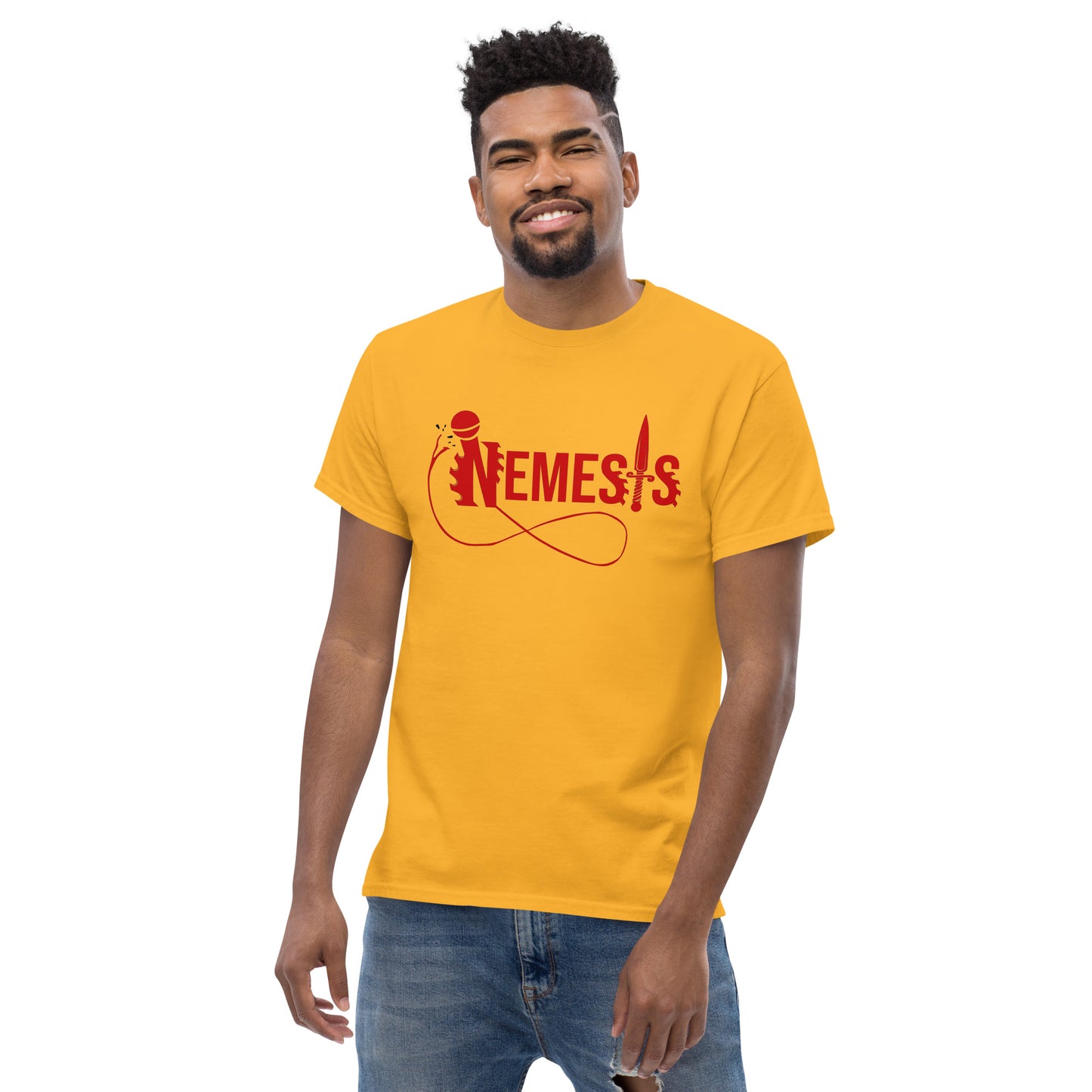 Men's classic NEMESIS tee, RED logo with back label, various tee colors available