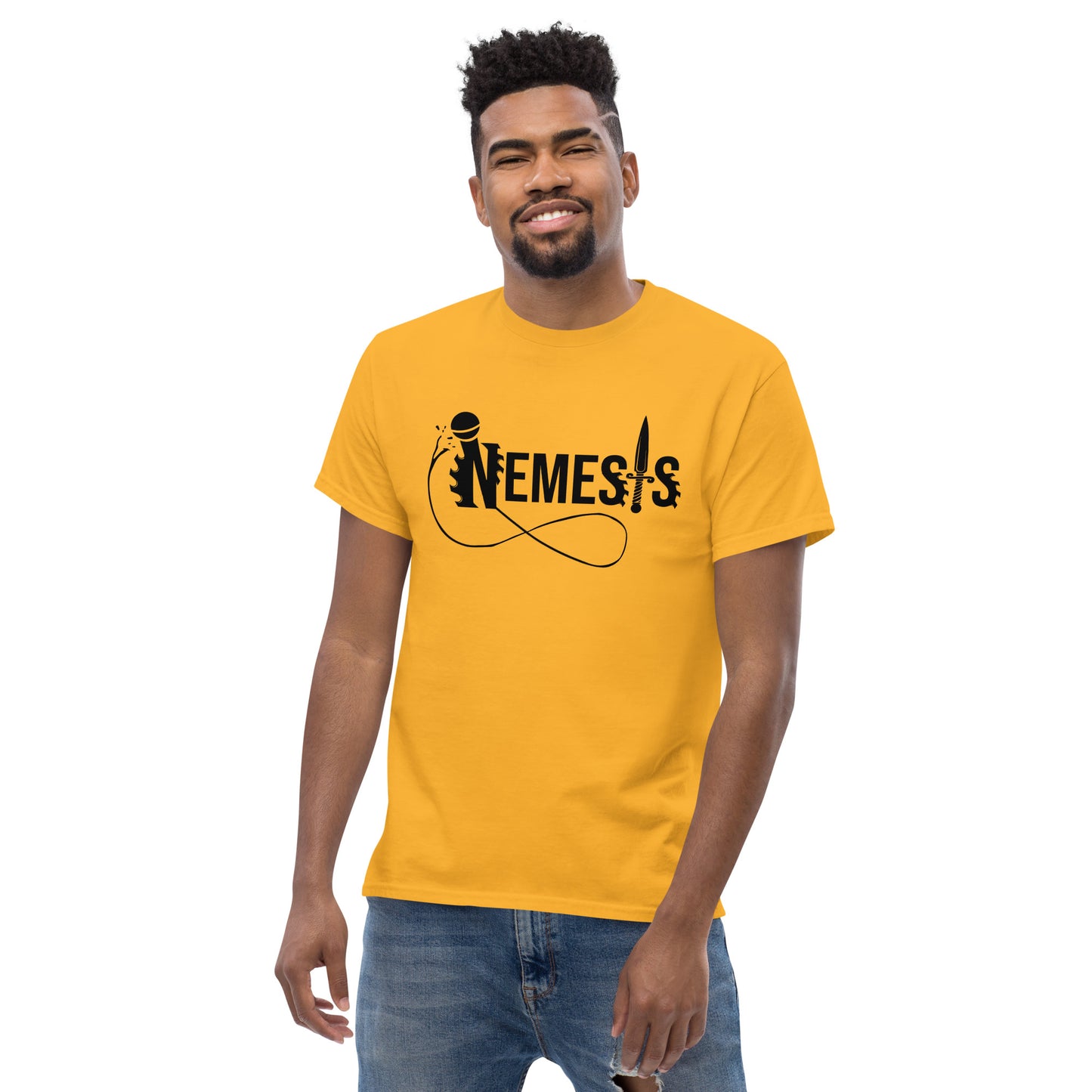 Men's classic NEMESIS tee, BLACK logo with back label, various tee colors available