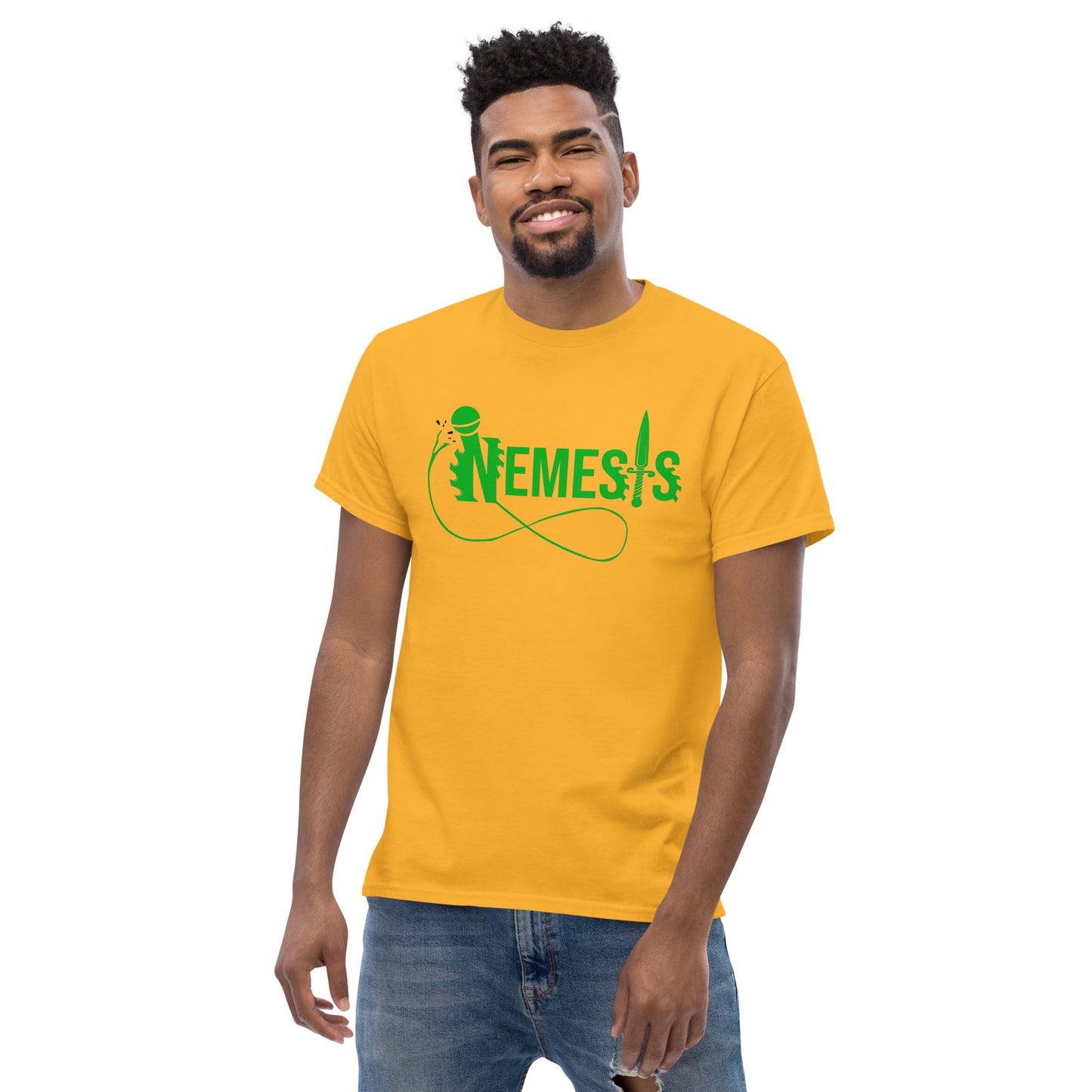 Men's classic NEMESIS tee, GREEN logo with back label, various tee colors available