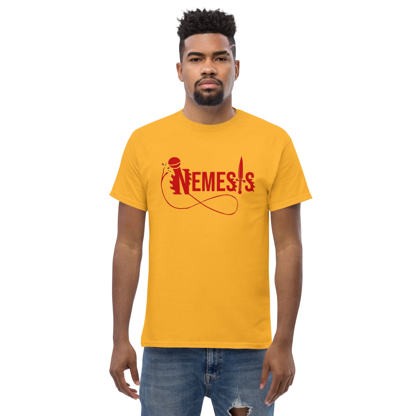 Men's classic NEMESIS tee, RED logo with back label, various tee colors available