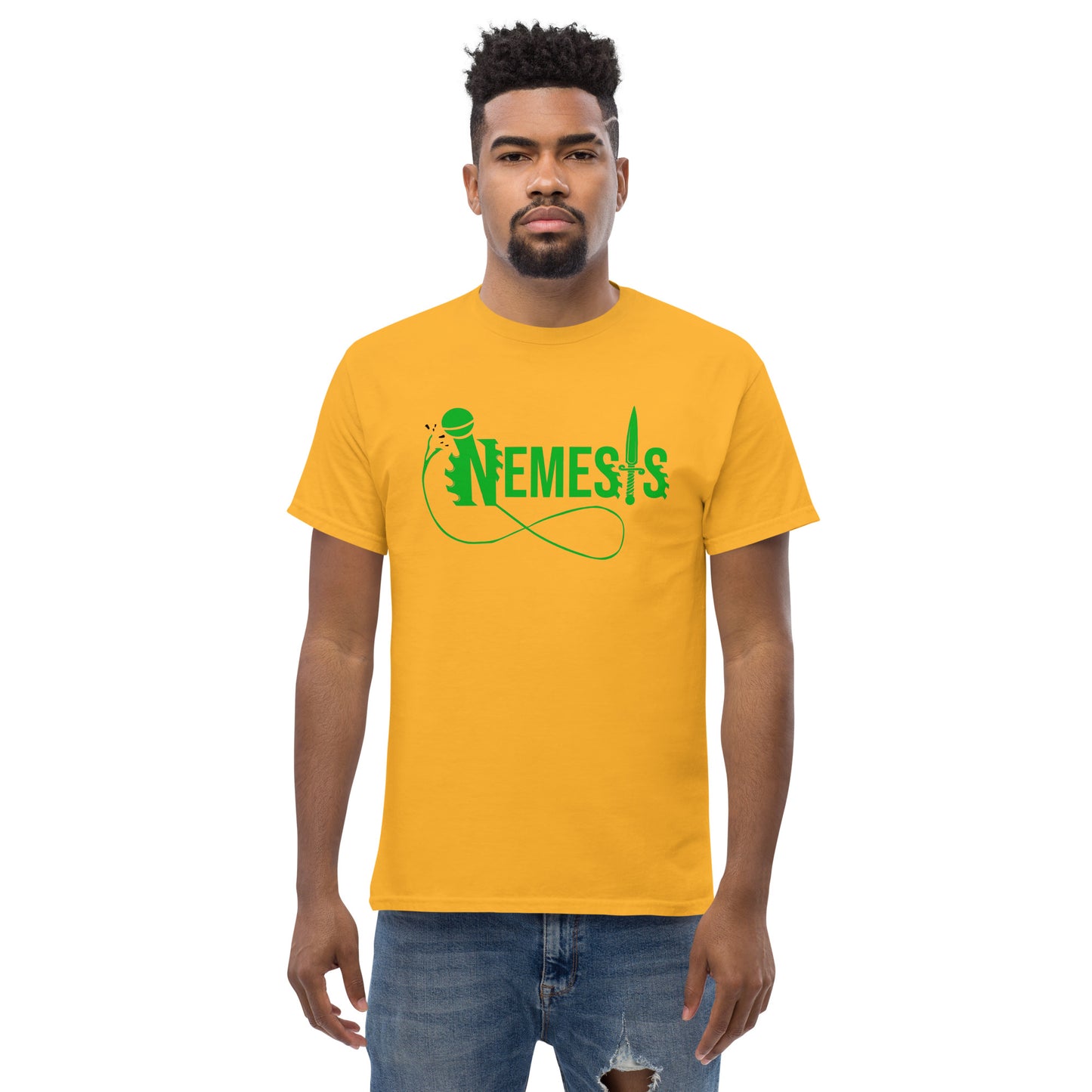 Men's classic NEMESIS tee, GREEN logo with back label, various tee colors available