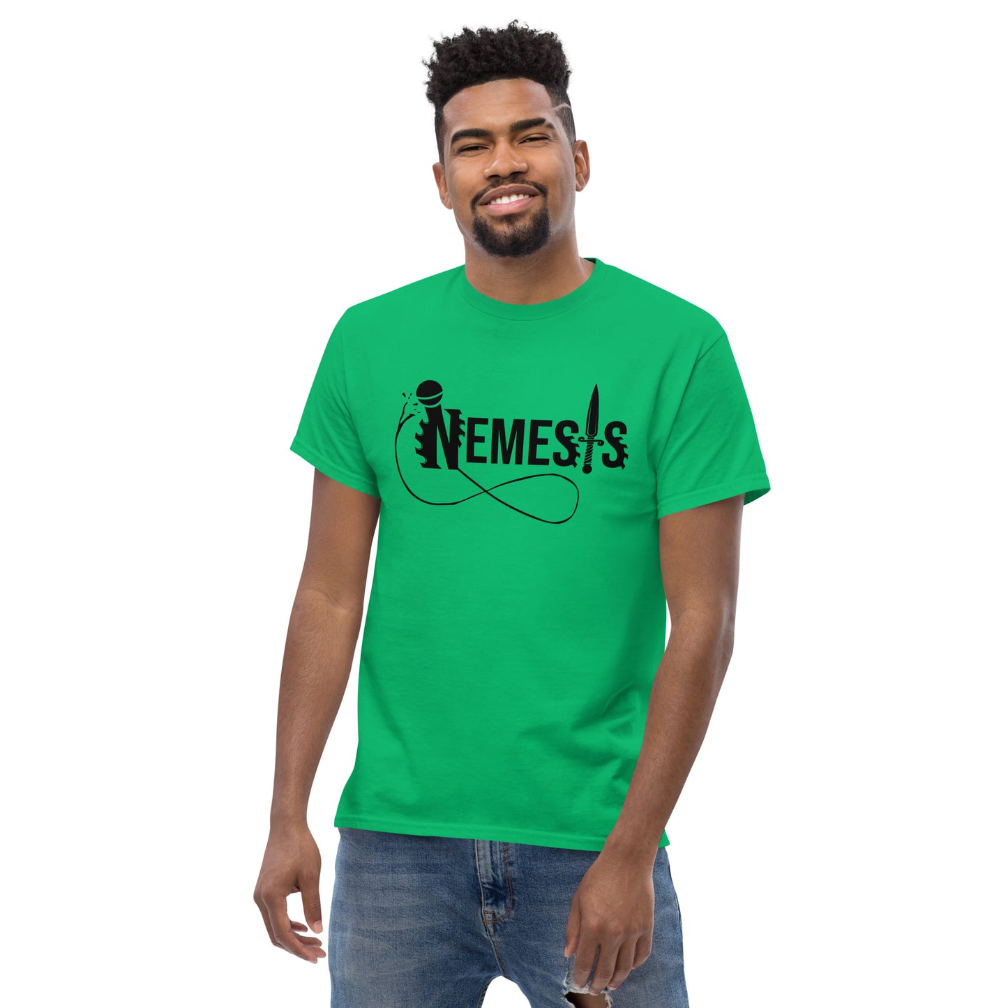 Men's classic NEMESIS tee; Black logo with back label; various tee colors available