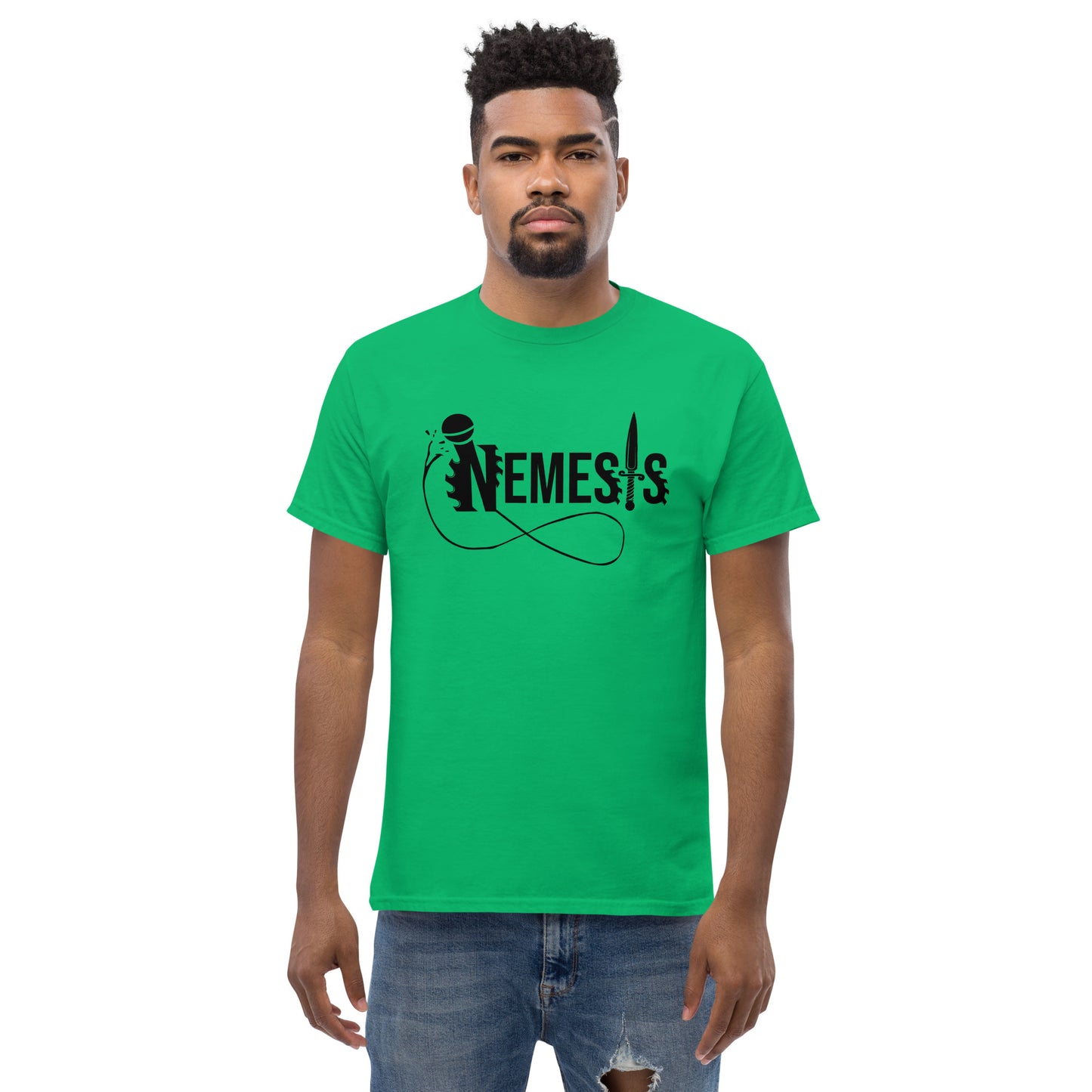 Men's classic NEMESIS tee; Black logo with back label; various tee colors available