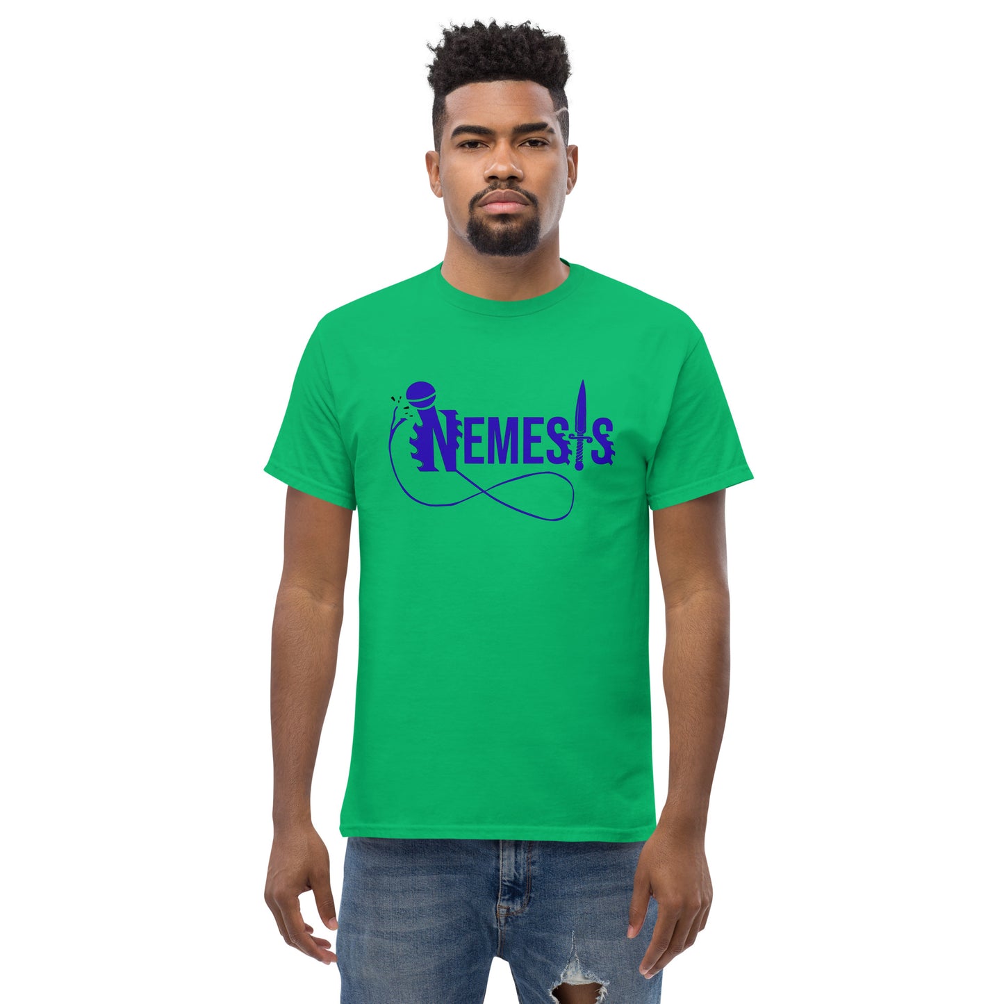 Men's classic NEMESIS tee, BLUE logo with back label, various tee colors available