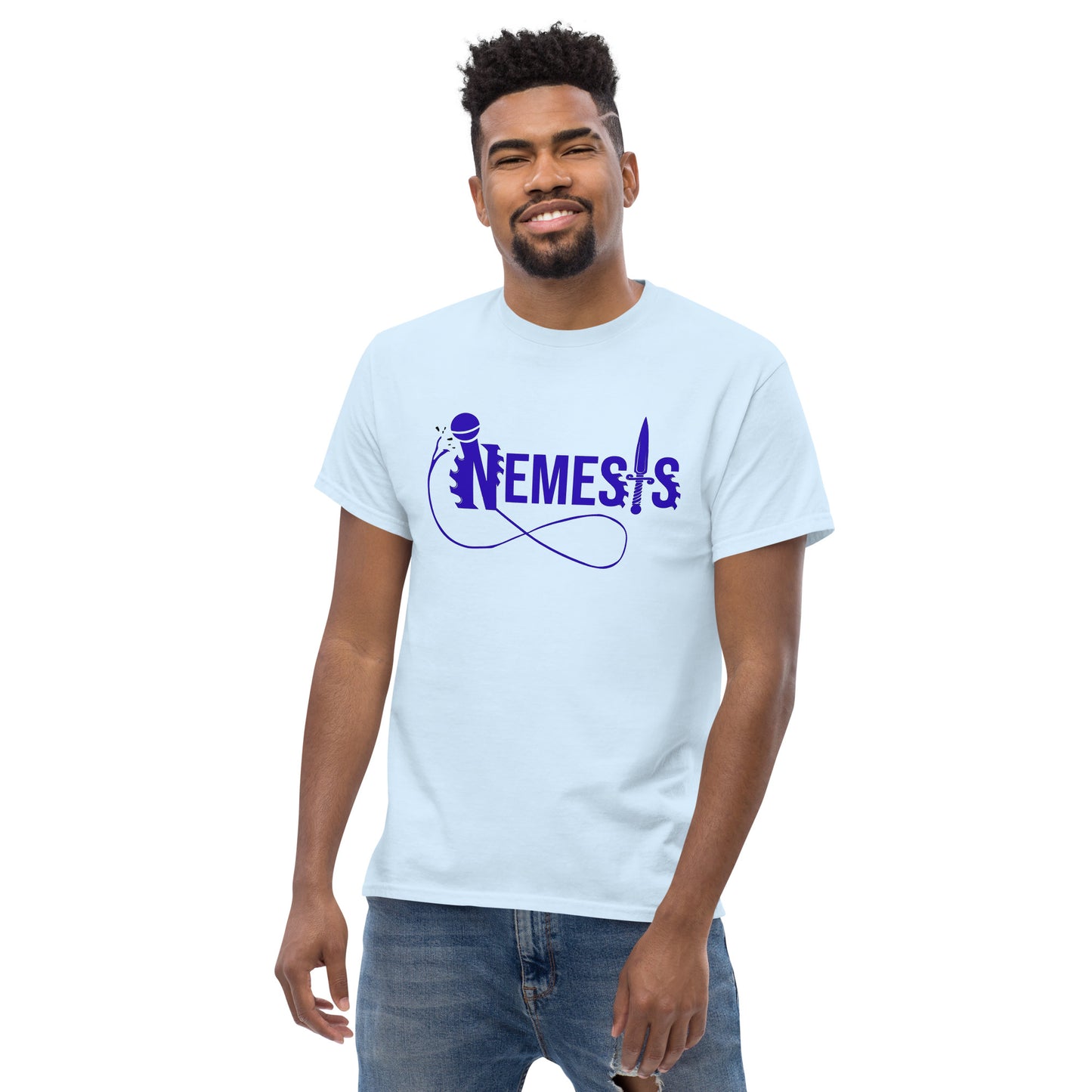 Men's classic NEMESIS tee, BLUE logo with back label, various tee colors available