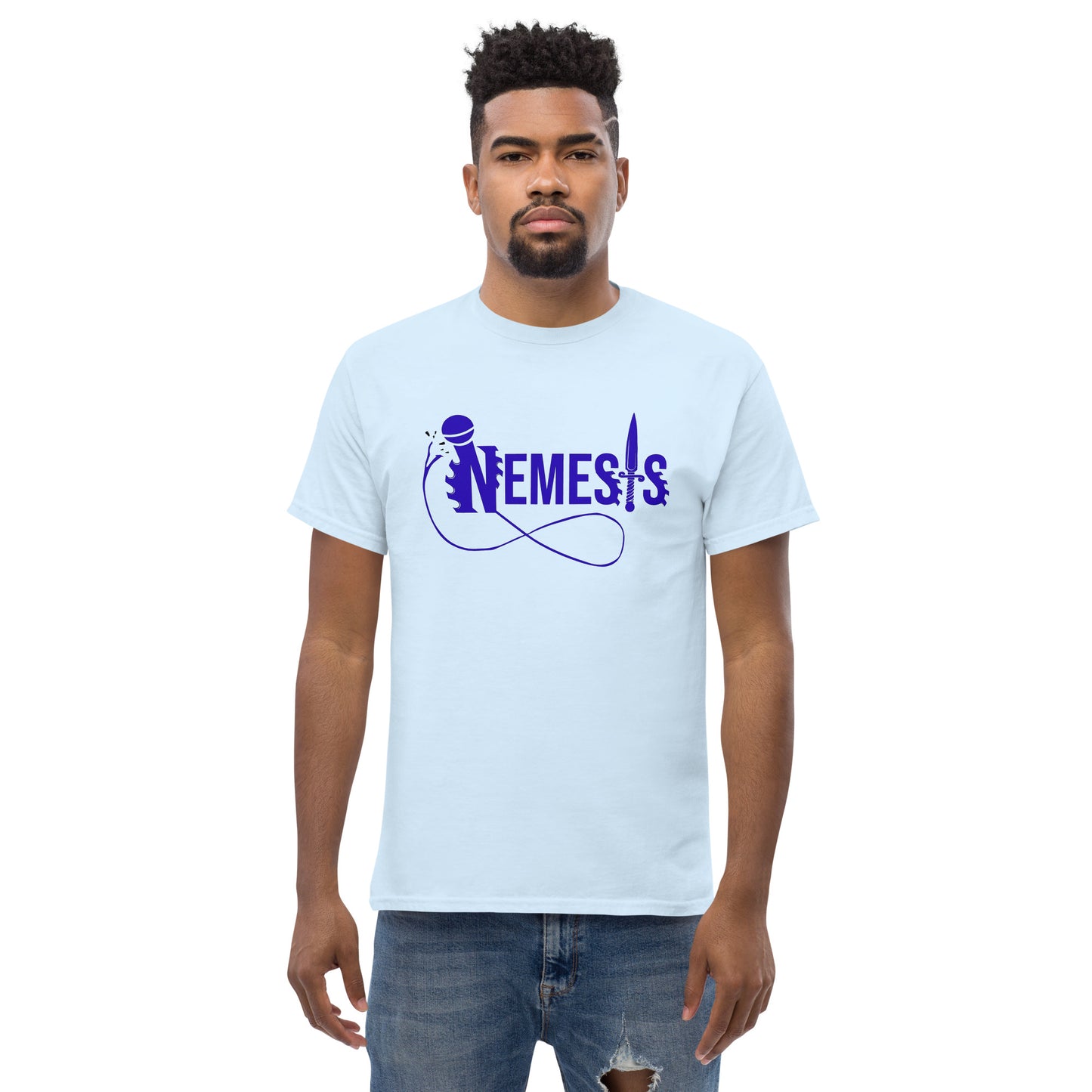 Men's classic NEMESIS tee, BLUE logo with back label, various tee colors available