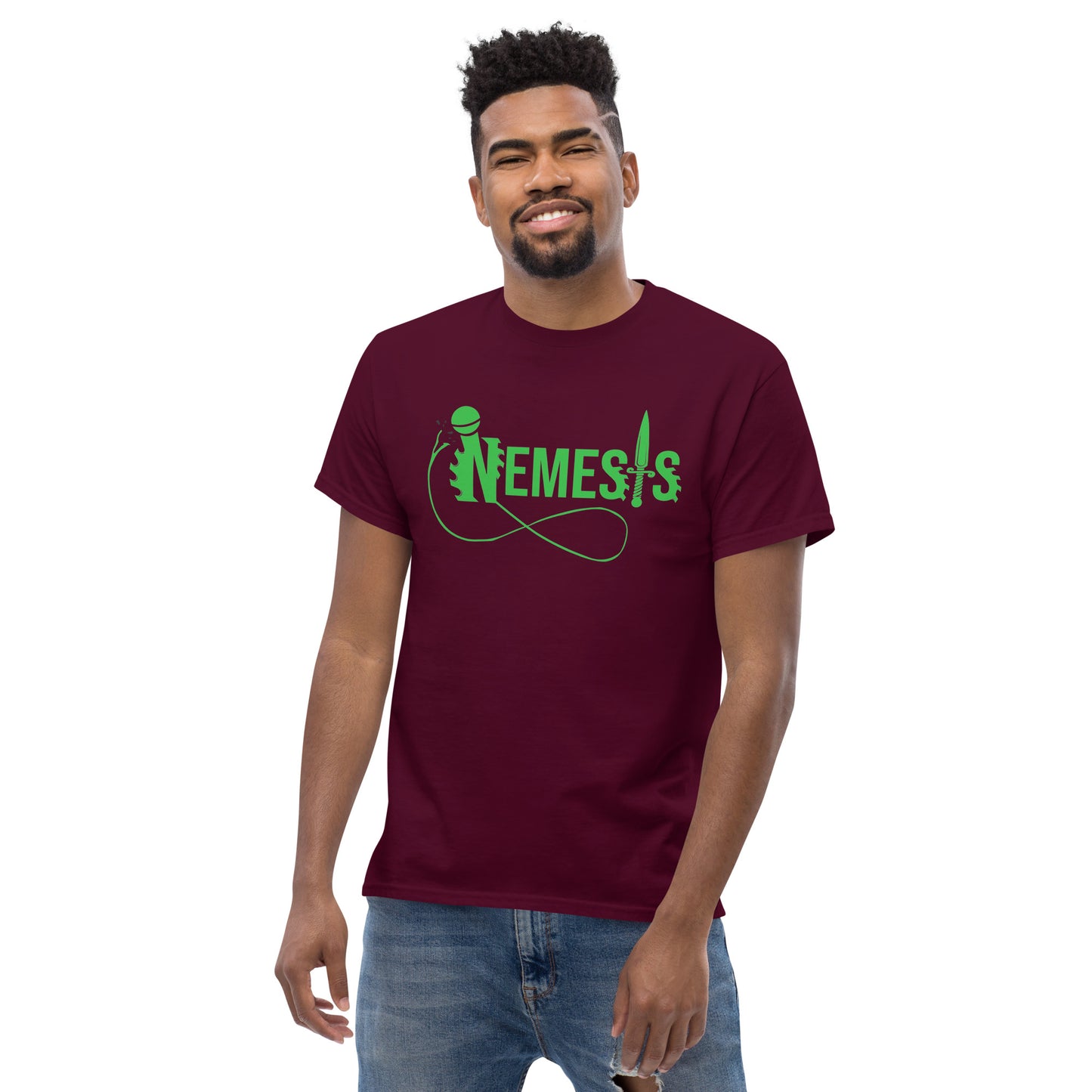 Men's classic NEMESIS tee, GREEN logo with back label, various tee colors available