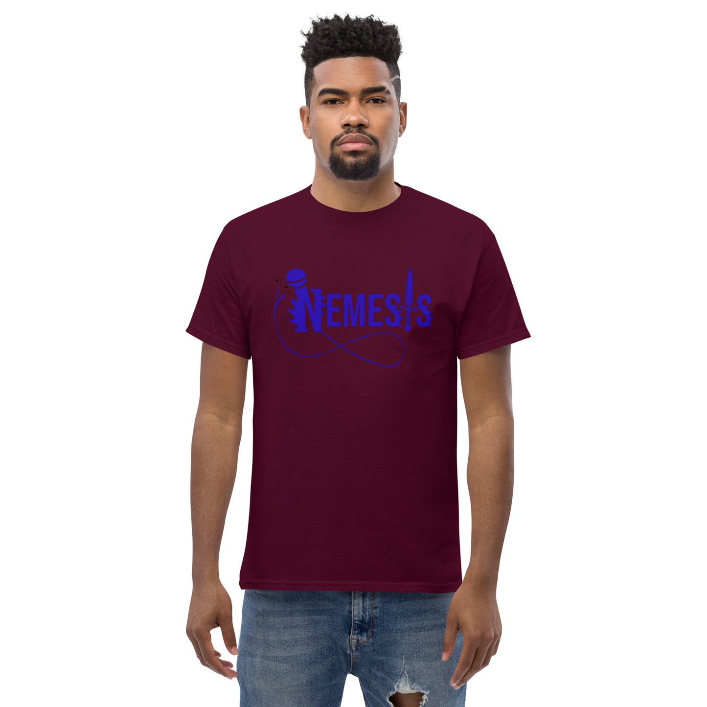 Men's classic NEMESIS tee, BLUE logo with back label, various tee colors available