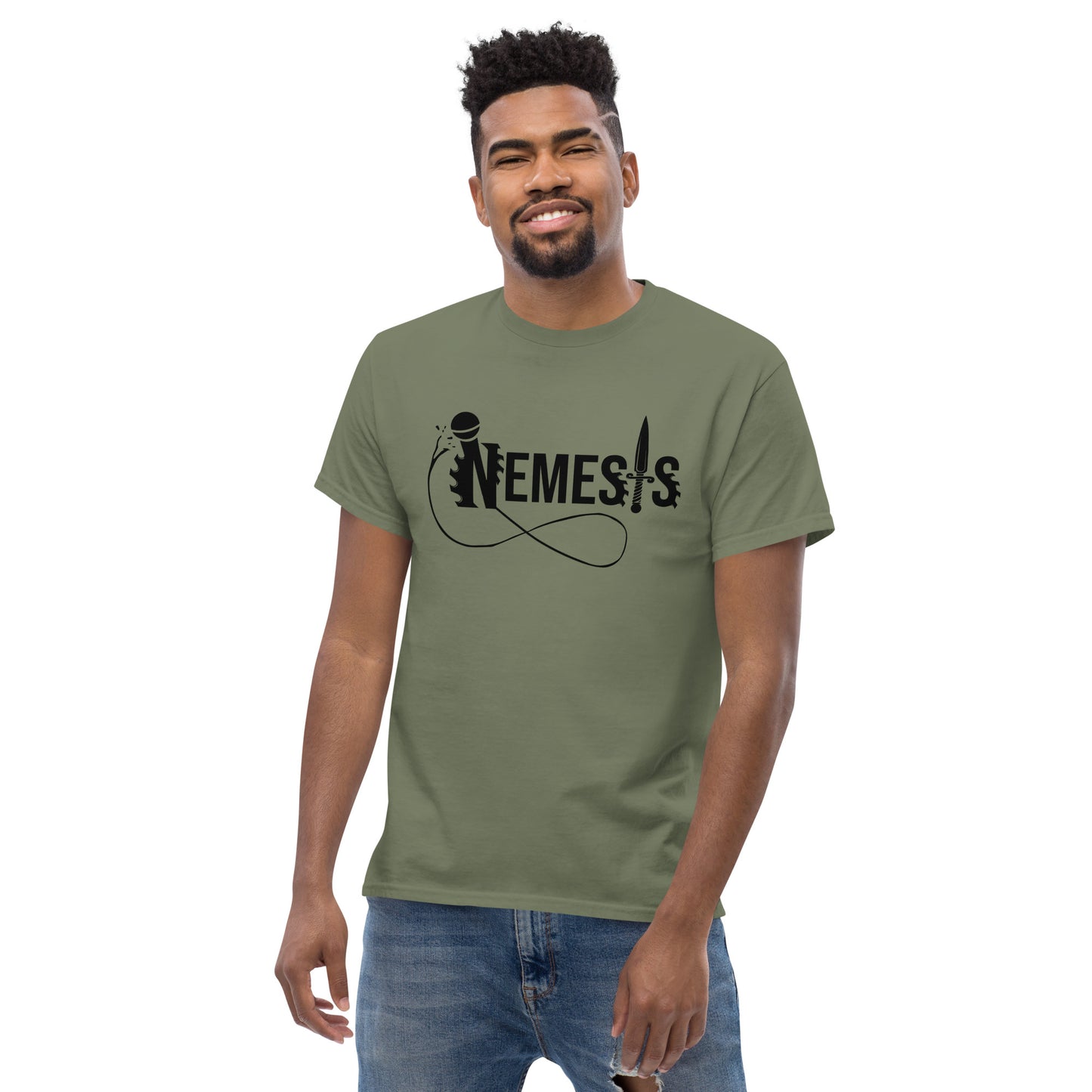 Men's classic NEMESIS tee, BLACK logo with back label, various tee colors available