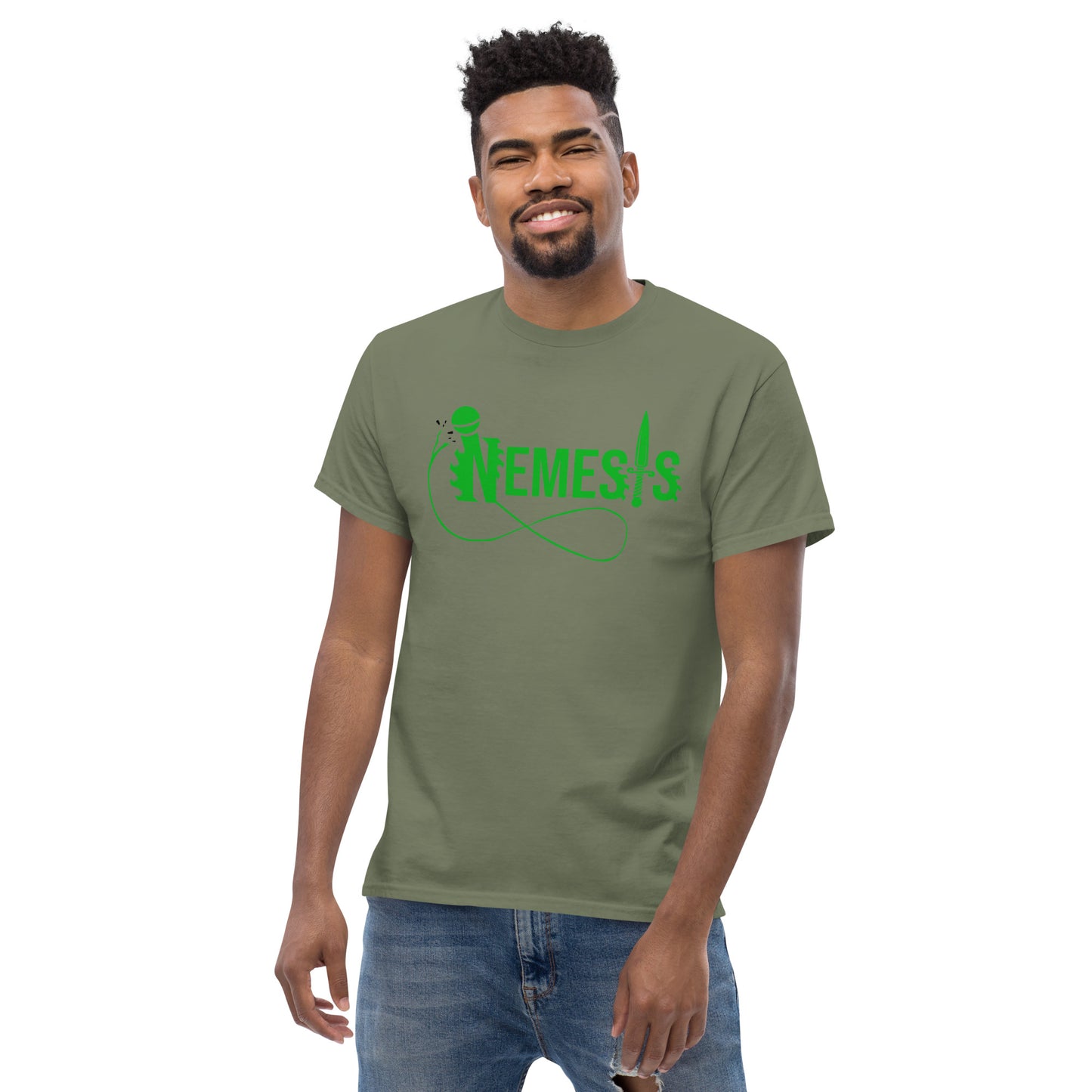 Men's classic NEMESIS tee, GREEN logo with back label, various tee colors available