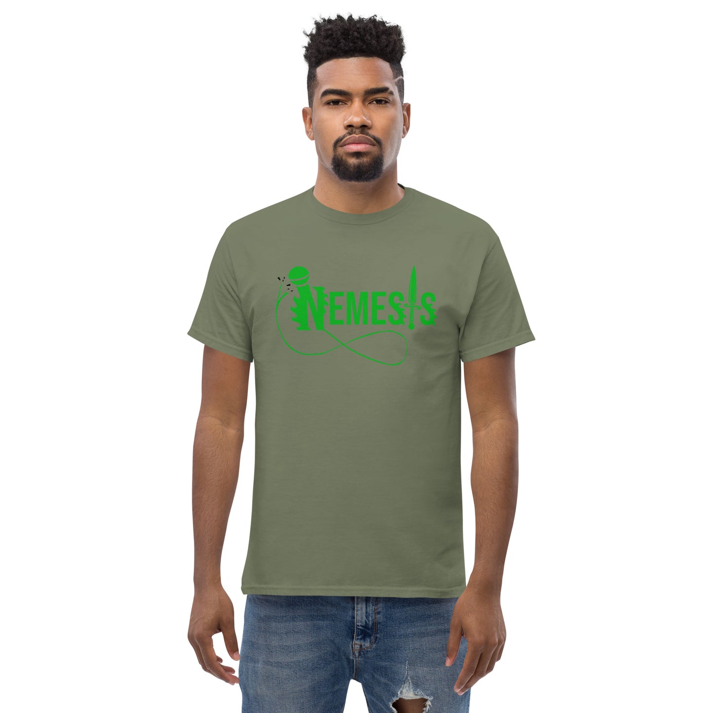 Men's classic NEMESIS tee, GREEN logo with back label, various tee colors available