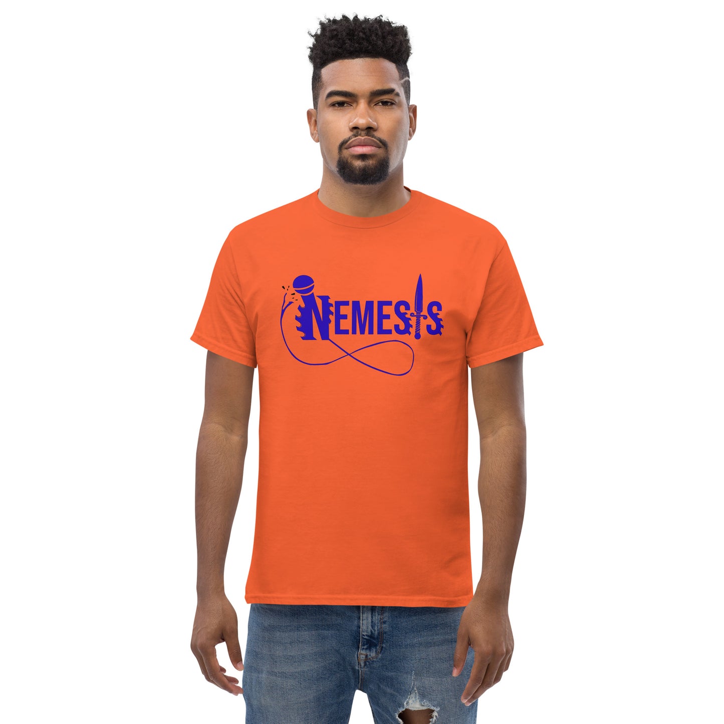 Men's classic NEMESIS tee, BLUE logo with back label, various tee colors available