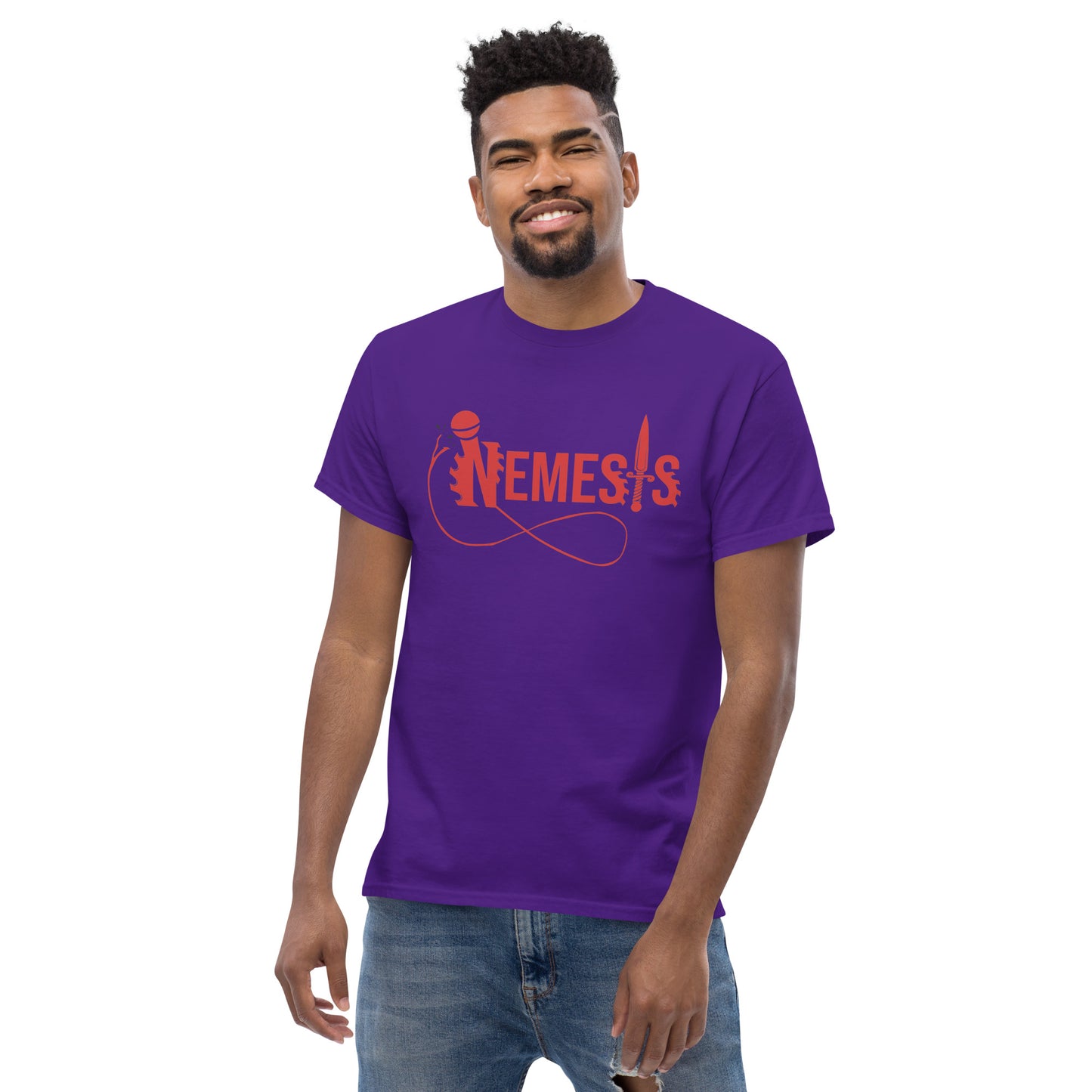 Men's classic NEMESIS tee, RED logo with back label, various tee colors available