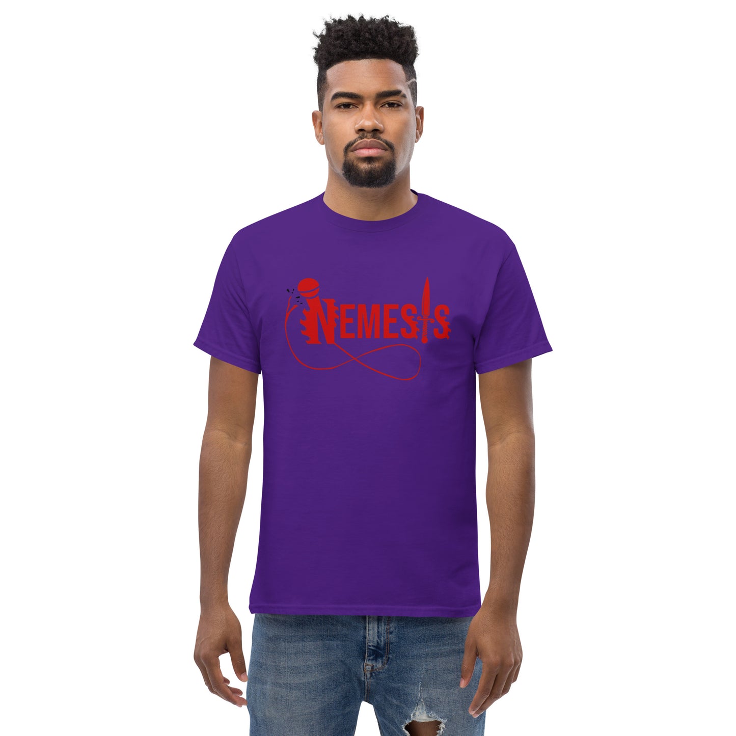 Men's classic NEMESIS tee, RED logo with back label, various tee colors available