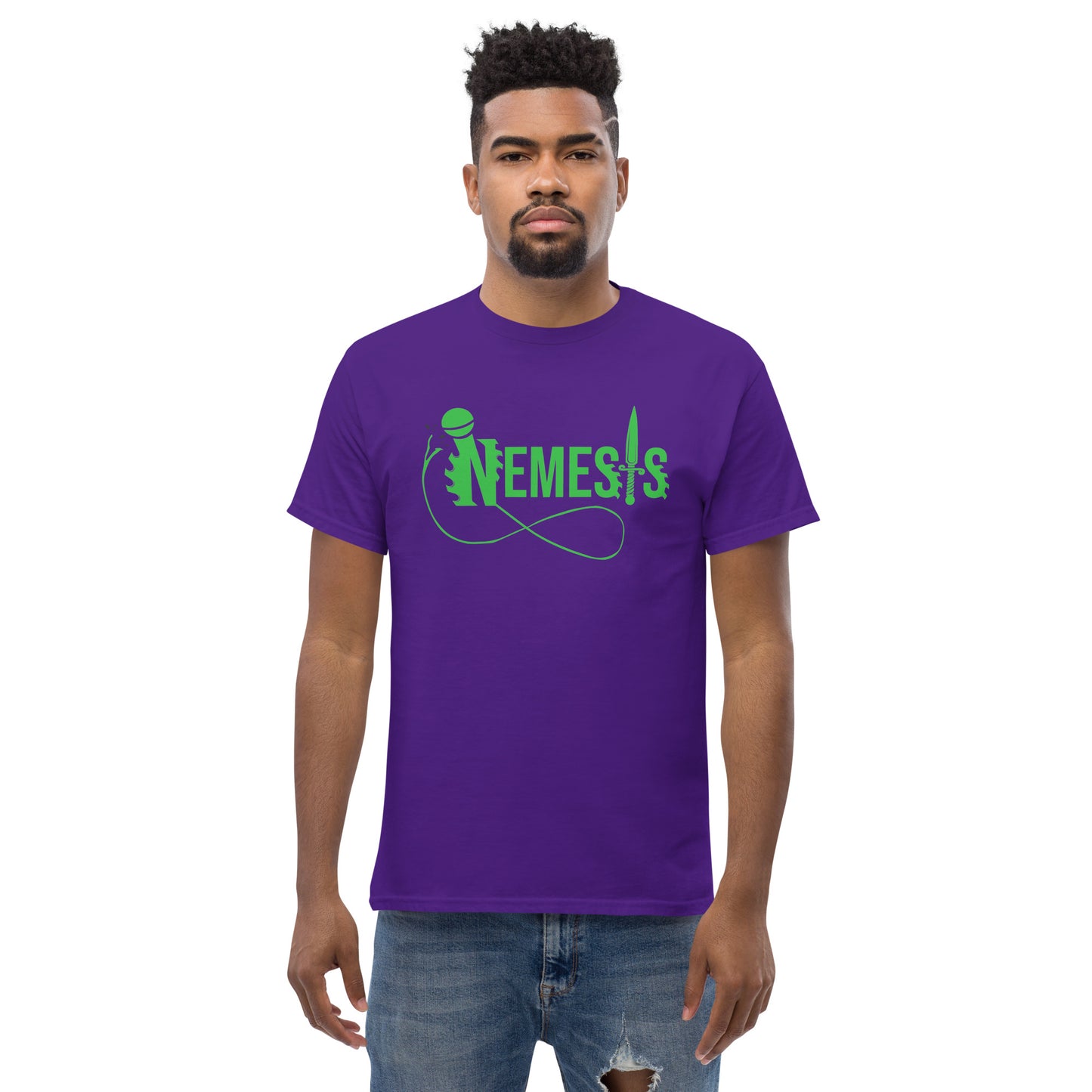 Men's classic NEMESIS tee, GREEN logo with back label, various tee colors available