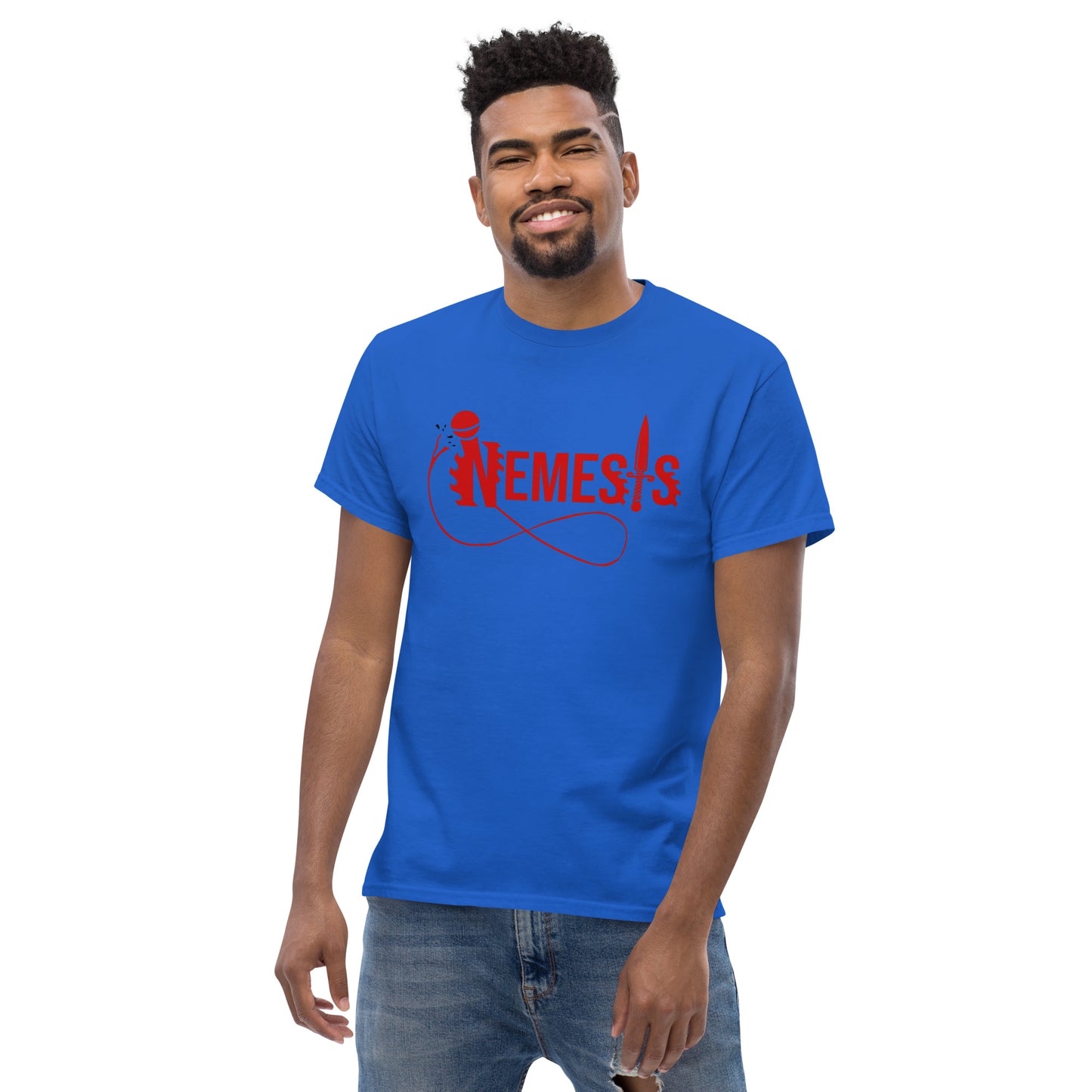 Men's classic NEMESIS tee, RED logo with back label, various tee colors available