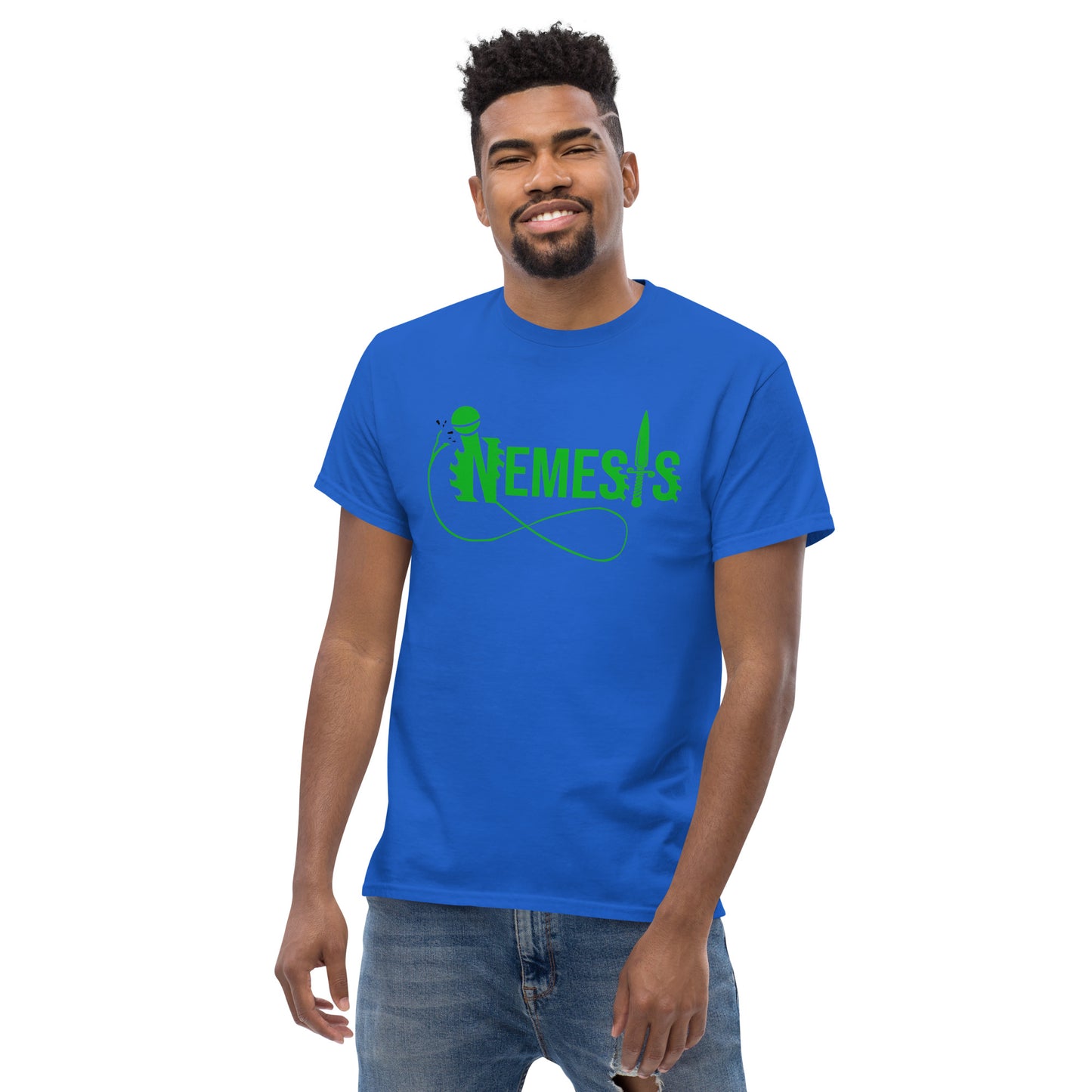 Men's classic NEMESIS tee, GREEN logo with back label, various tee colors available