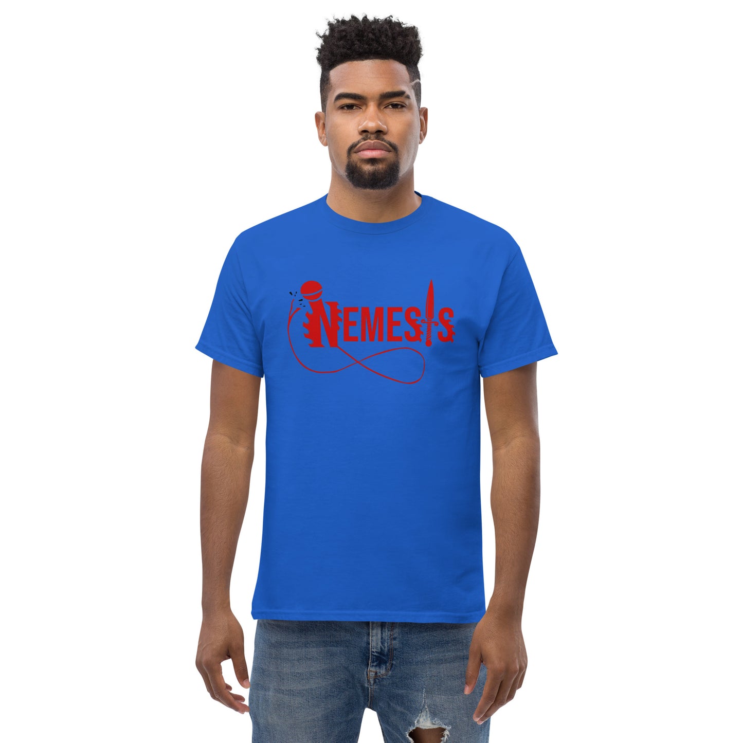 Men's classic NEMESIS tee, RED logo with back label, various tee colors available