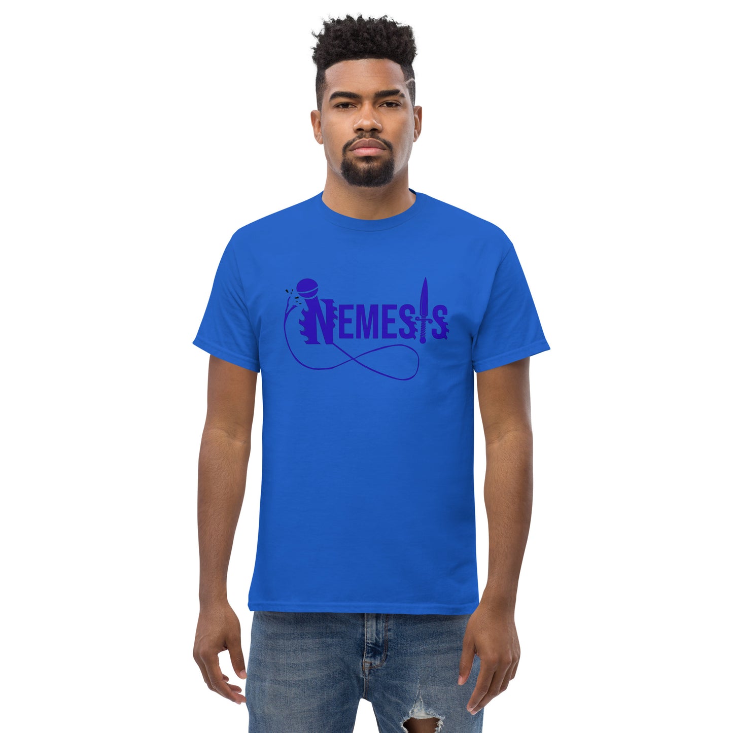 Men's classic NEMESIS tee, BLUE logo with back label, various tee colors available