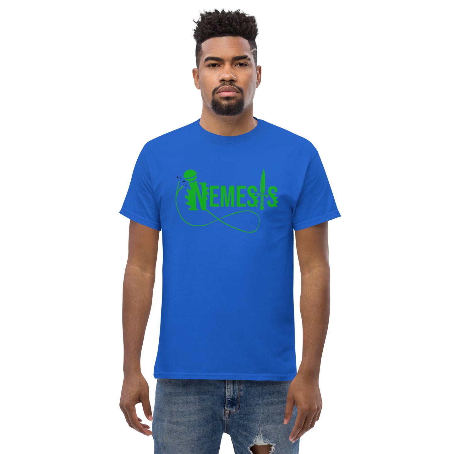 Men's classic NEMESIS tee, GREEN logo with back label, various tee colors available