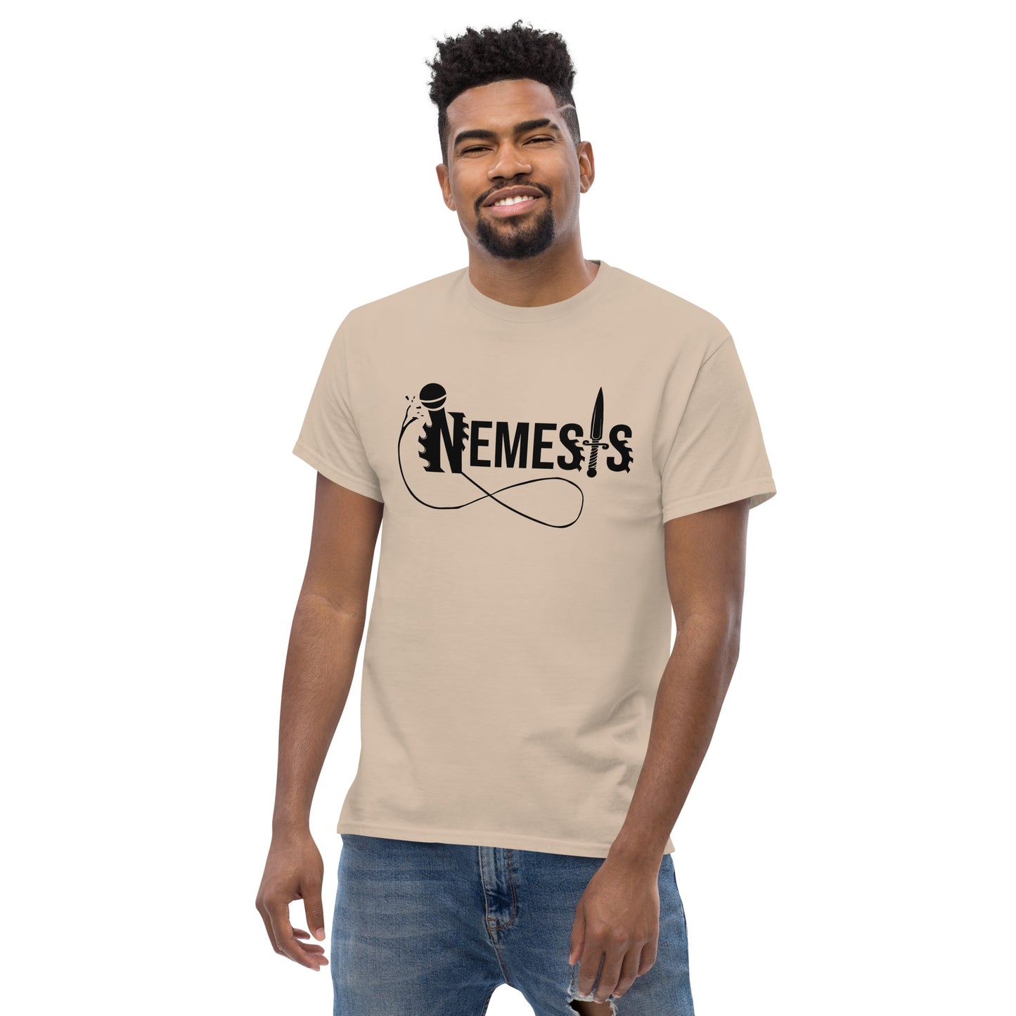 Men's classic NEMESIS tee; Black logo with back label; various tee colors available