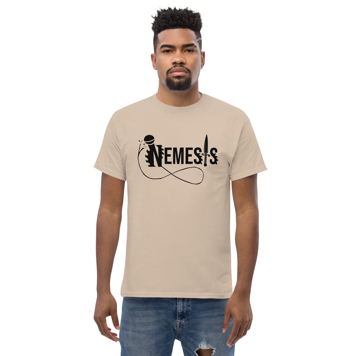 Men's classic NEMESIS tee; Black logo with back label; various tee colors available