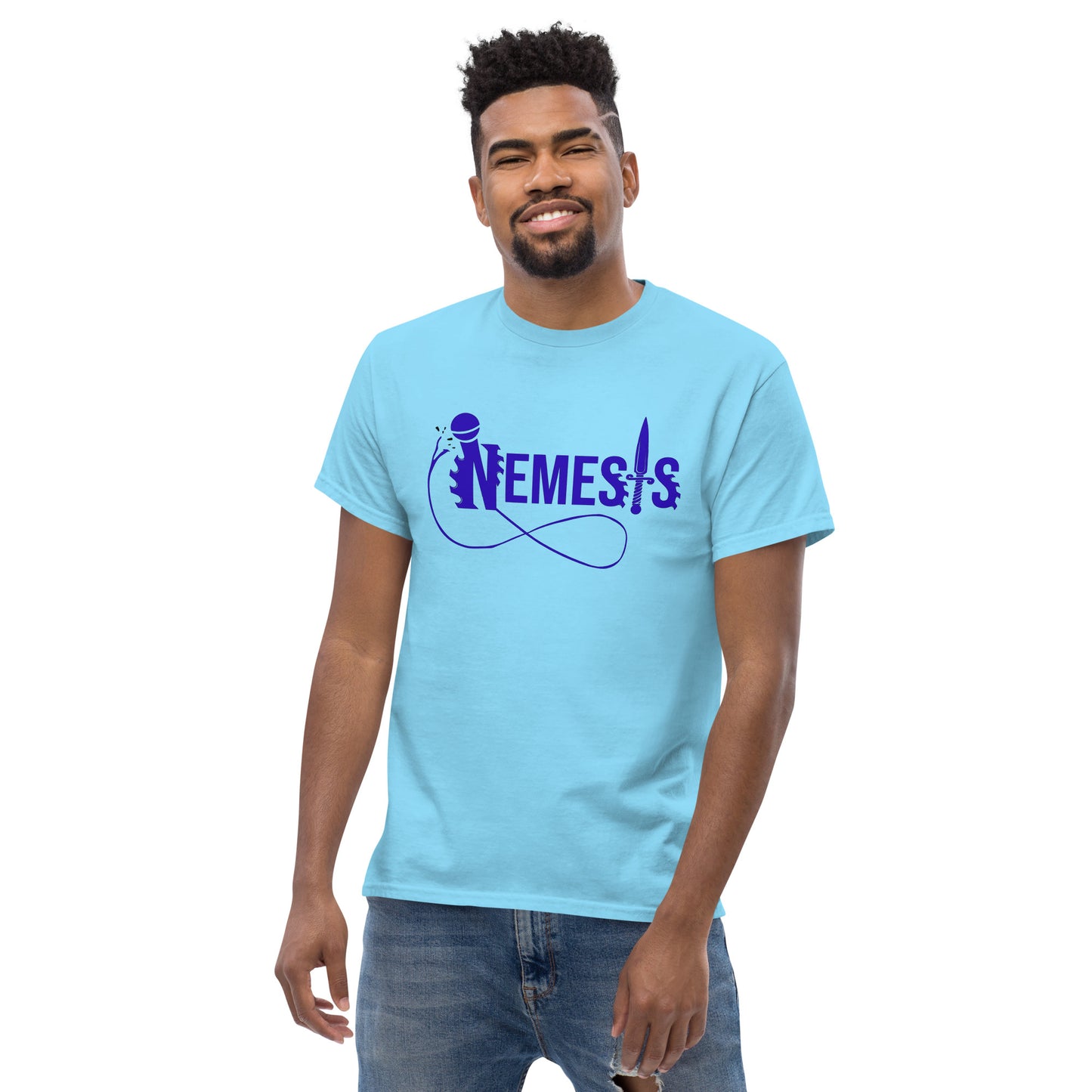 Men's classic NEMESIS tee, BLUE logo with back label, various tee colors available