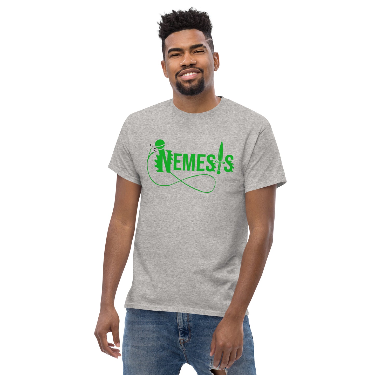 Men's classic NEMESIS tee, GREEN logo with back label, various tee colors available