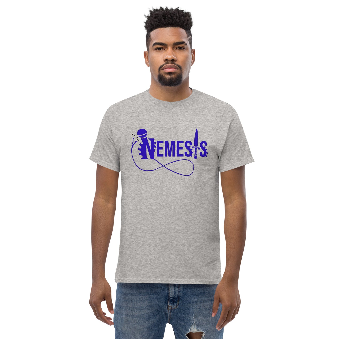 Men's classic NEMESIS tee, BLUE logo with back label, various tee colors available