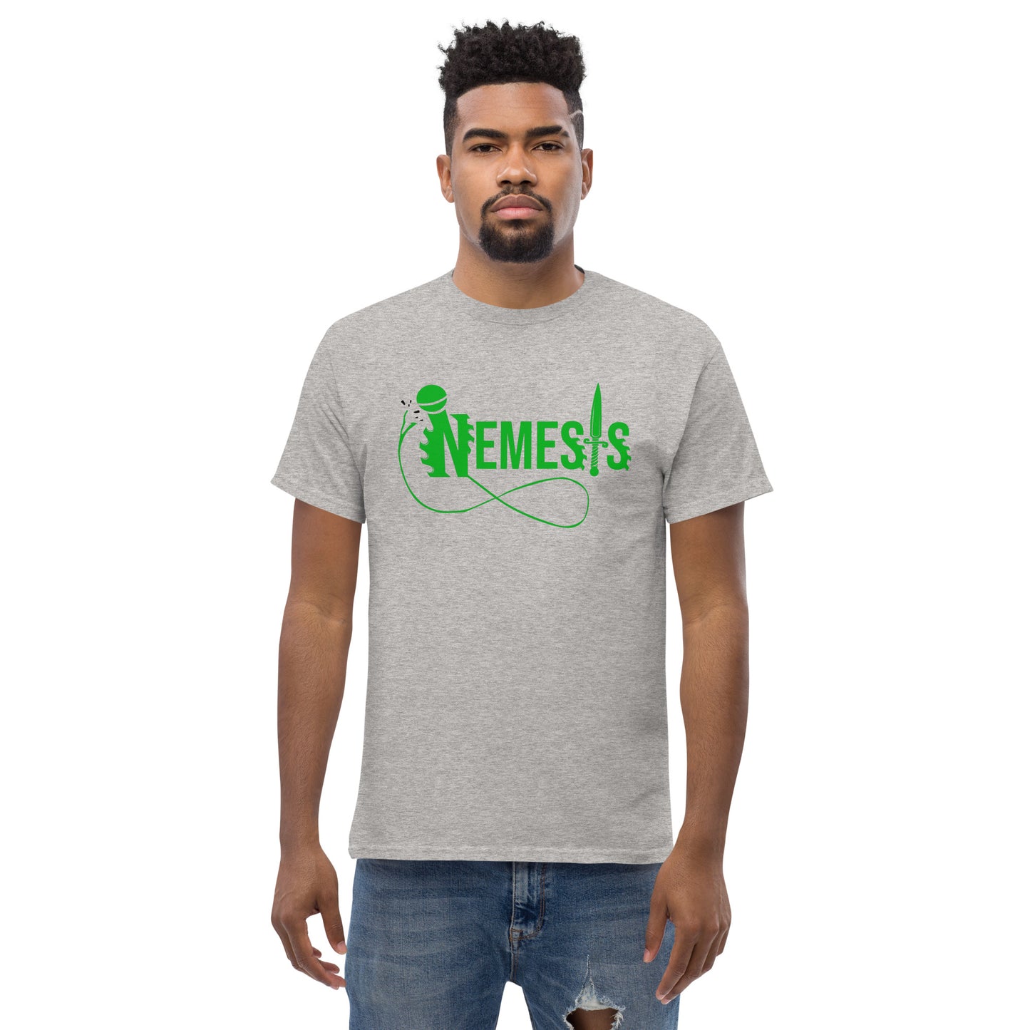 Men's classic NEMESIS tee, GREEN logo with back label, various tee colors available