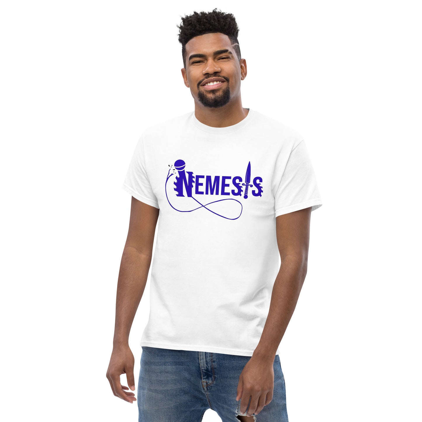 Men's classic NEMESIS tee, BLUE logo with back label, various tee colors available