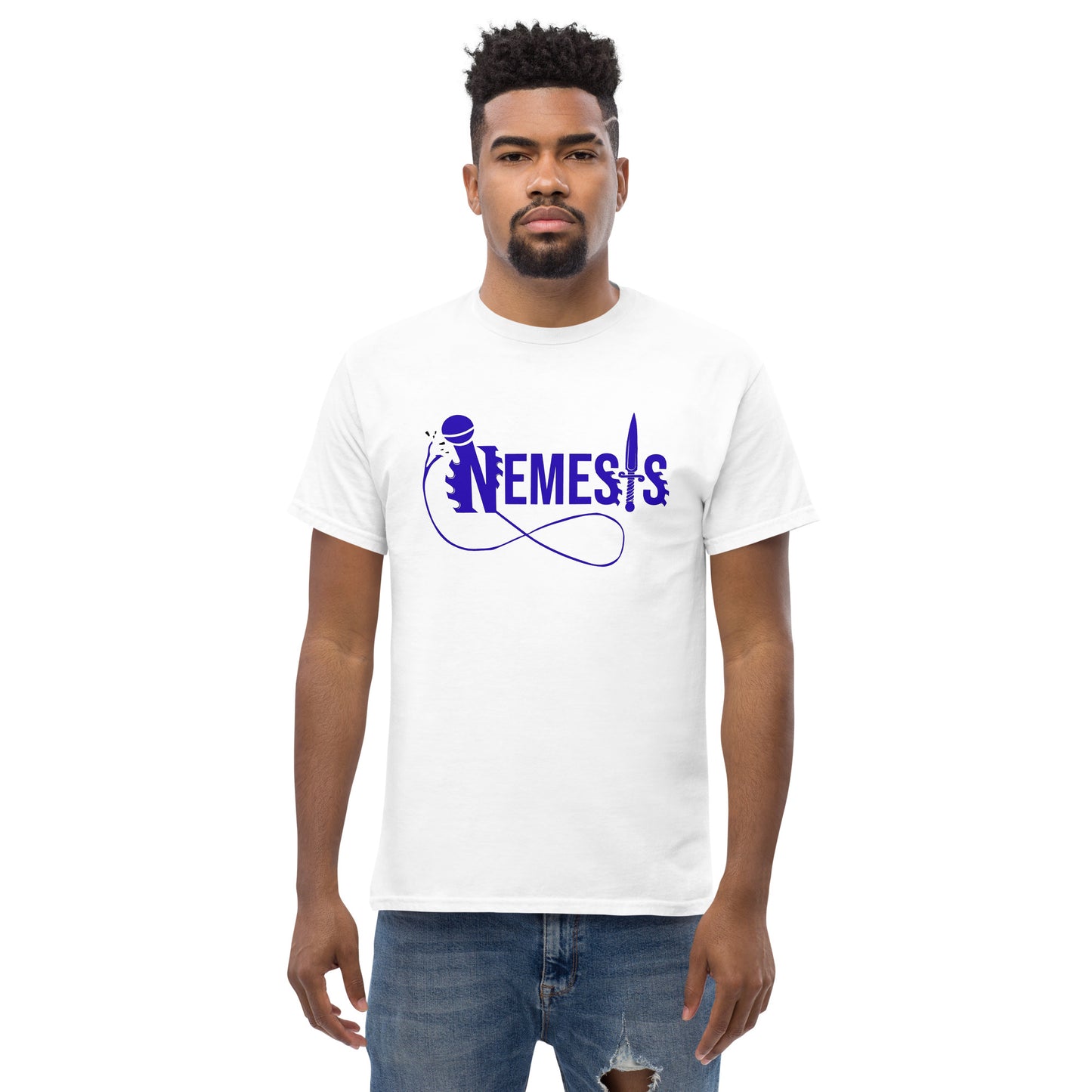 Men's classic NEMESIS tee, BLUE logo with back label, various tee colors available