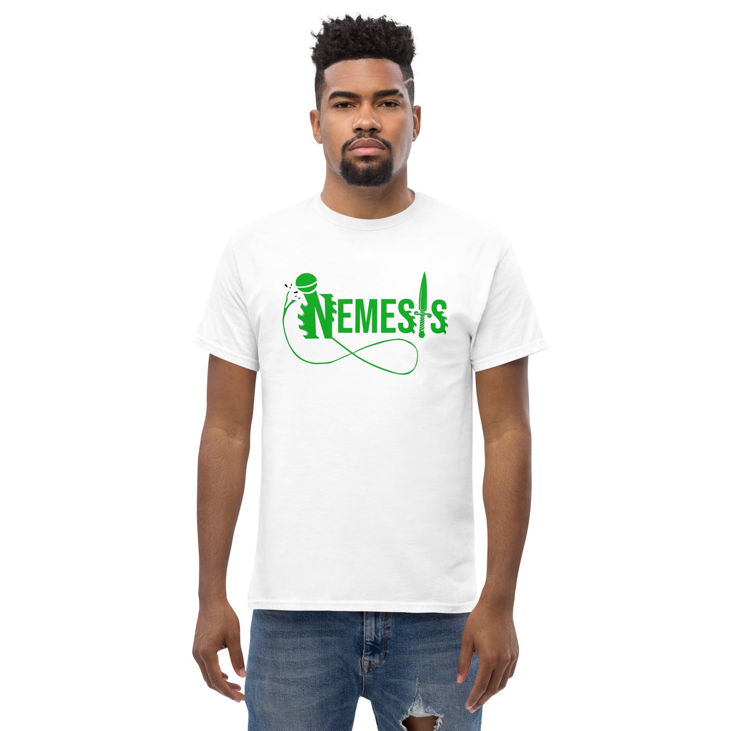 Men's classic NEMESIS tee, GREEN logo with back label, various tee colors available