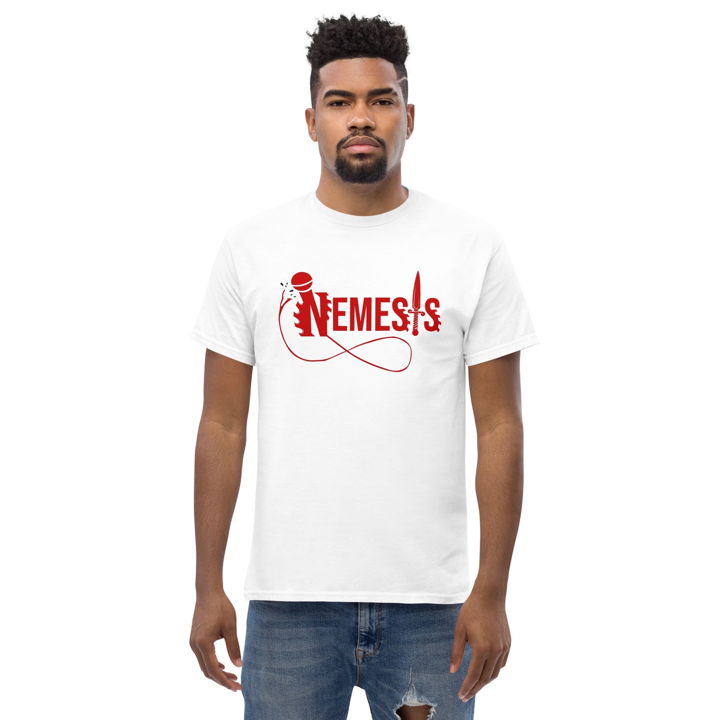 Men's classic NEMESIS tee, RED logo with back label, various tee colors available